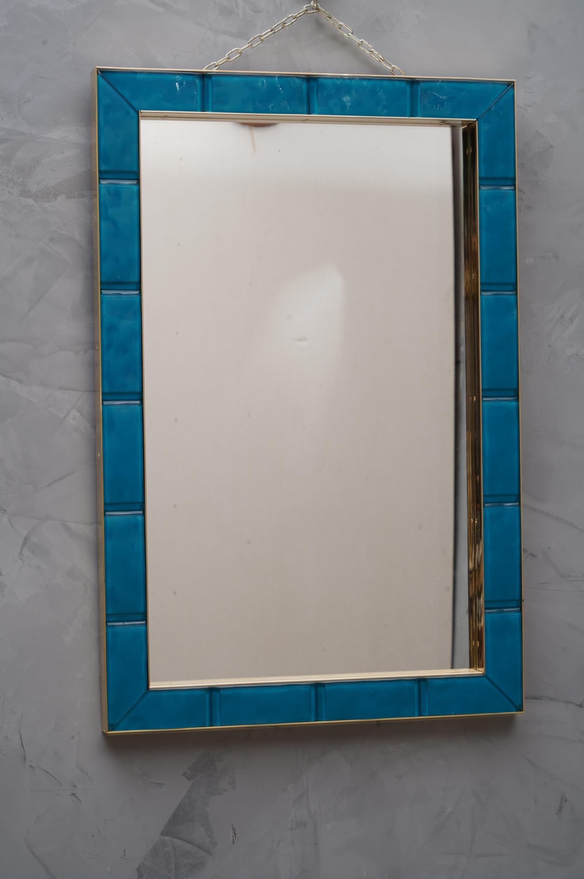 Murano Azure Color Glass and Brass Wall Mirror, 1980 In Good Condition In Rome, IT