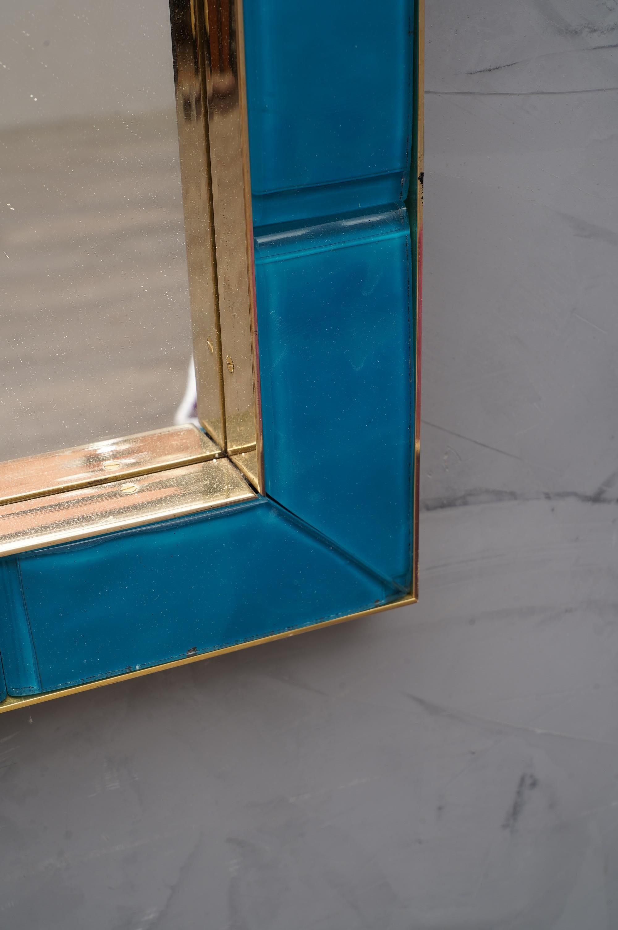 Late 20th Century Murano Azure Color Glass and Brass Wall Mirror, 1980