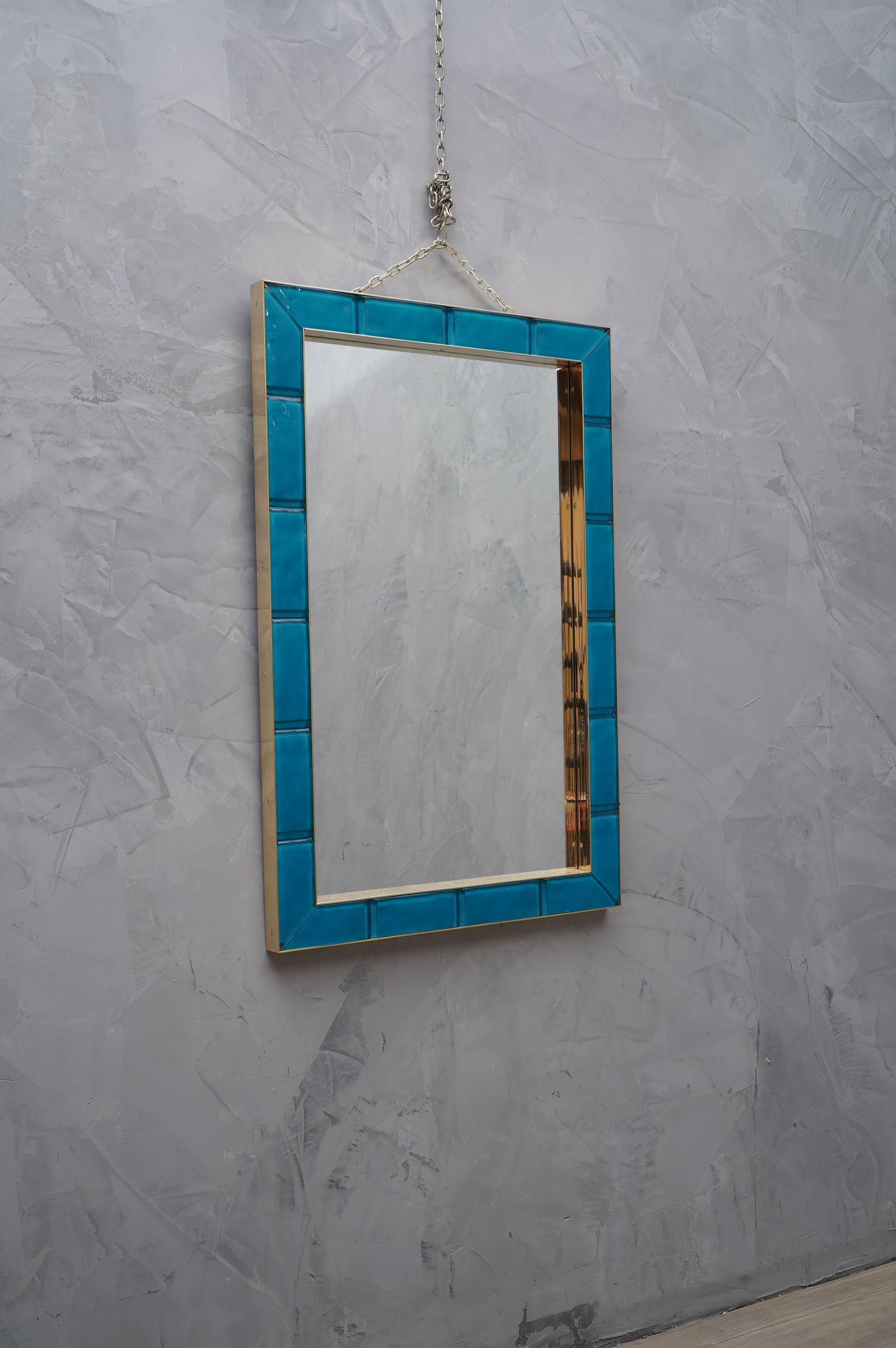 Murano Azure Color Glass and Brass Wall Mirror, 1980 1