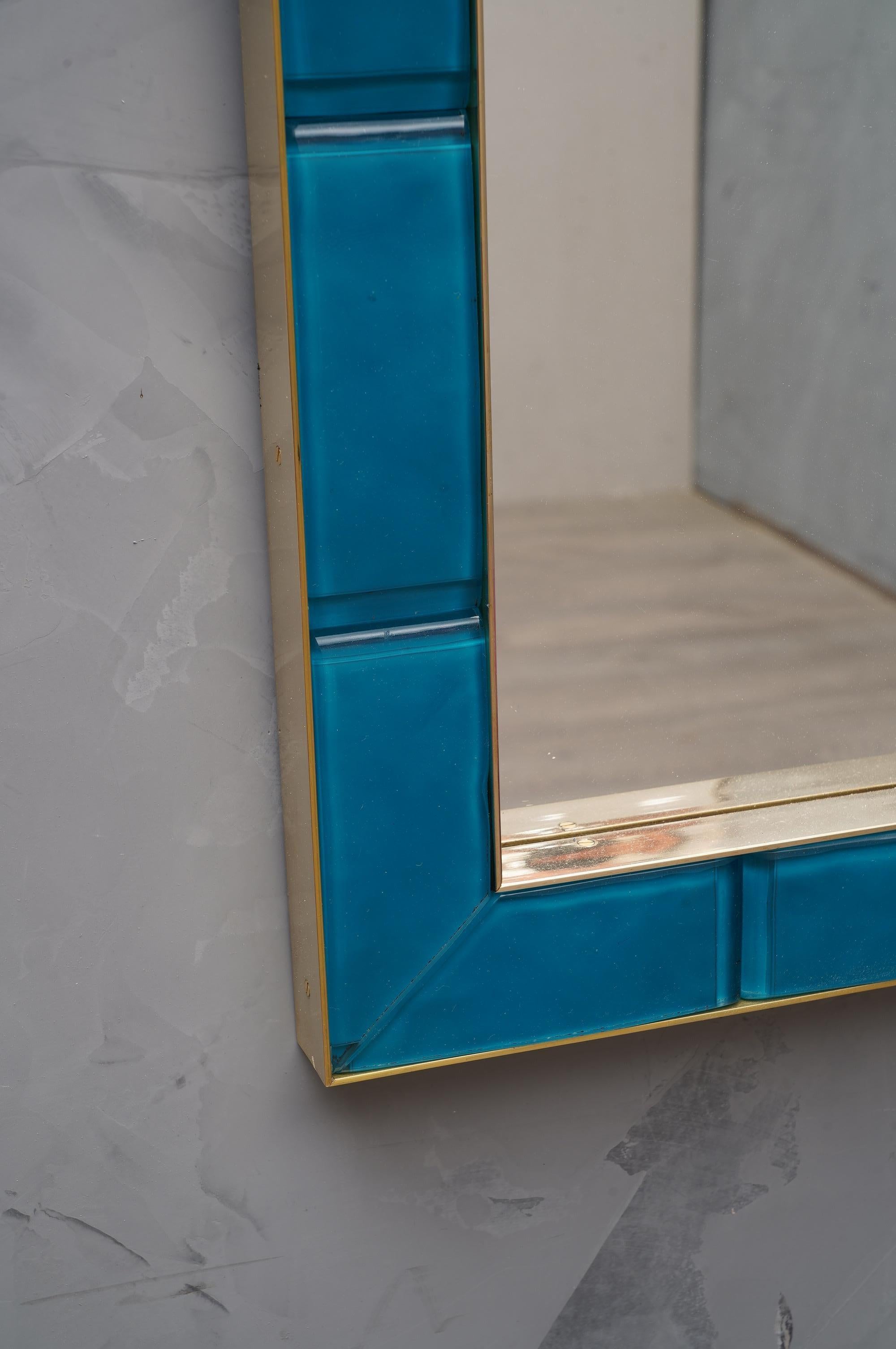 Murano Azure Color Glass and Brass Wall Mirror, 1980 2