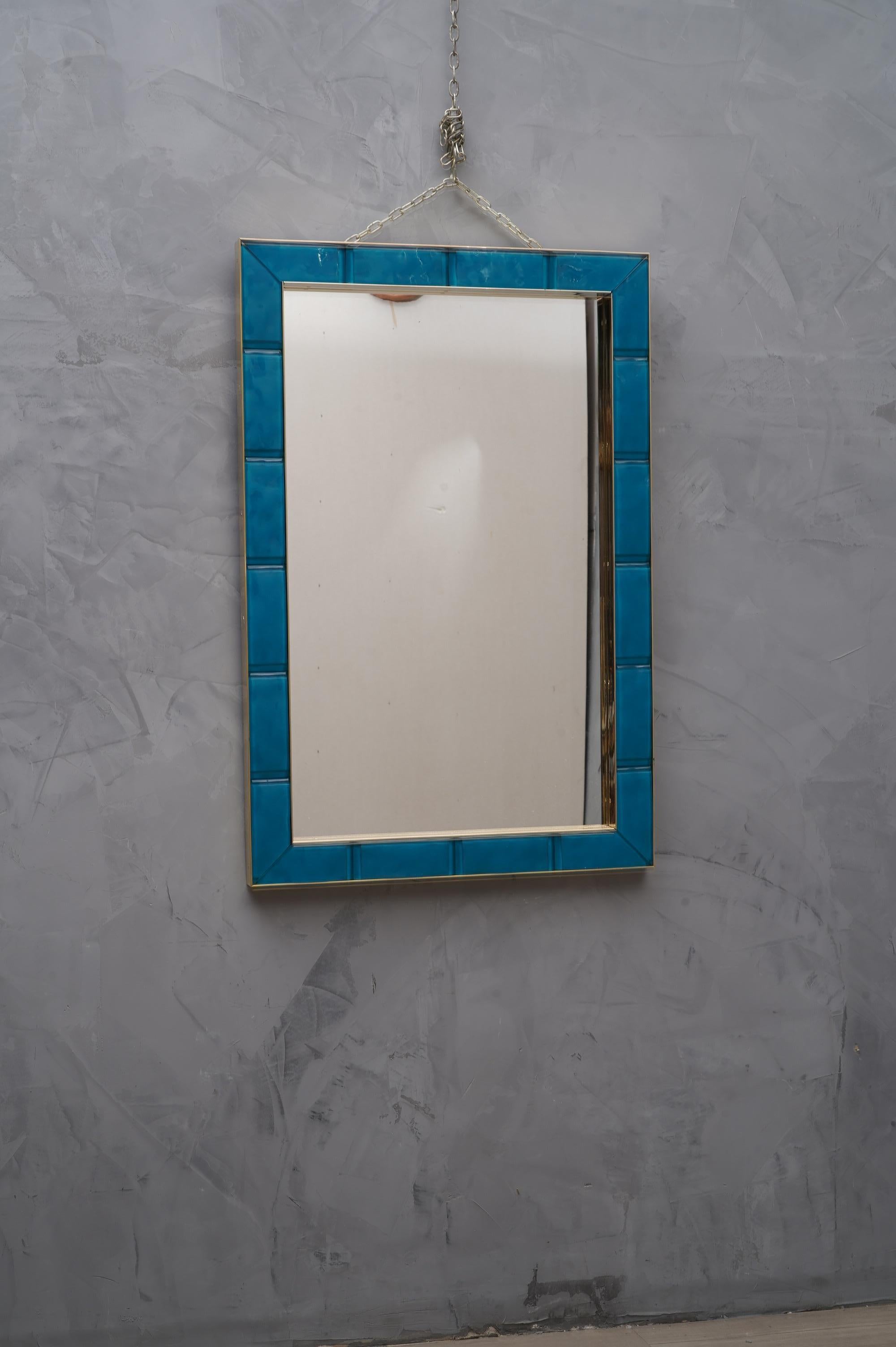 Murano Azure Color Glass and Brass Wall Mirror, 1980 3