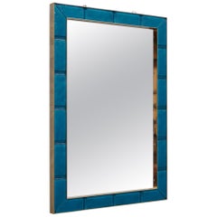 Murano Azure Color Glass and Brass Wall Mirror, 1980