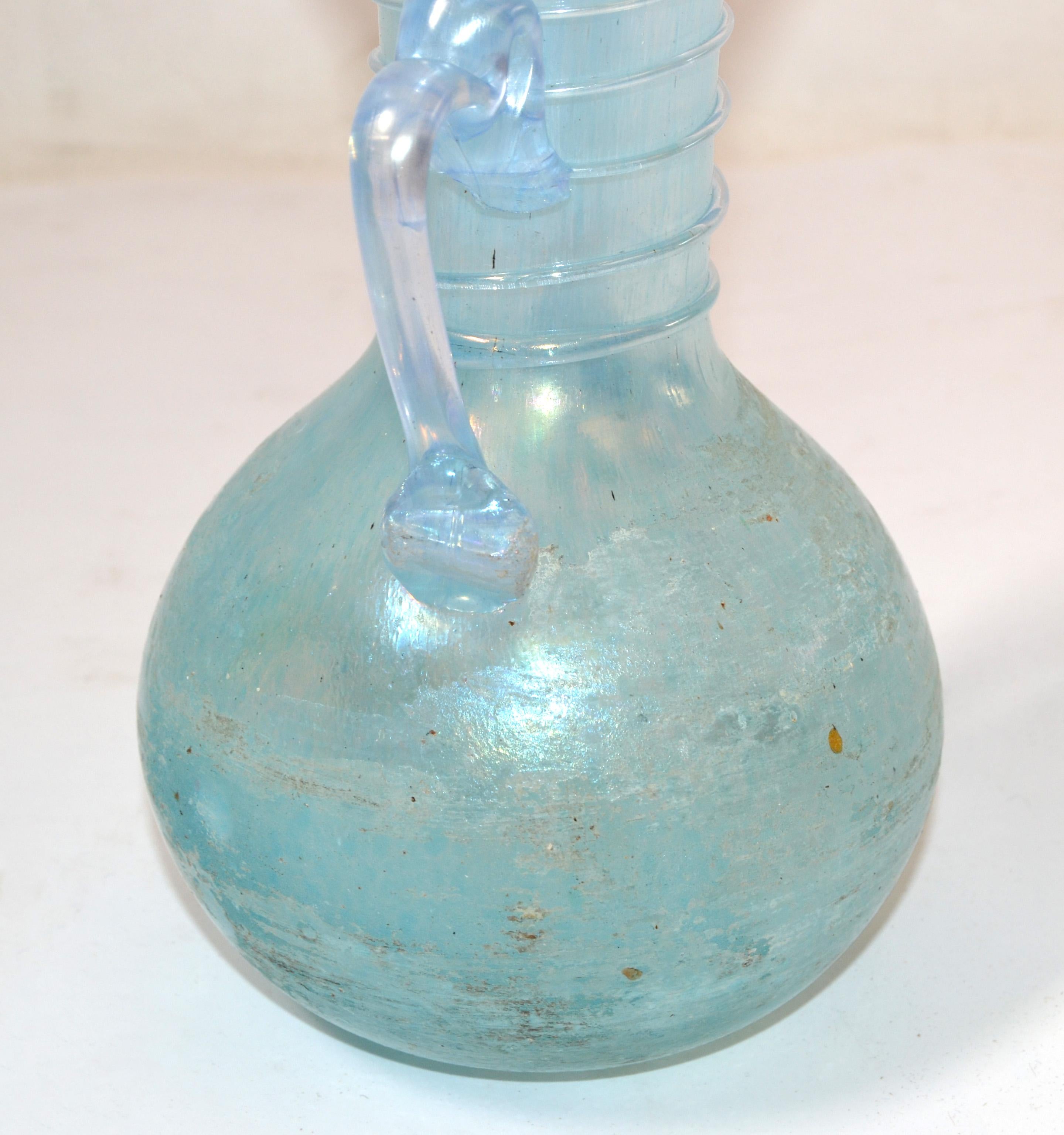 Jarrón de trigo con asas de cristal Scavo italiano azul bebé de Murano, Vasija, Italia 1980 en venta 2