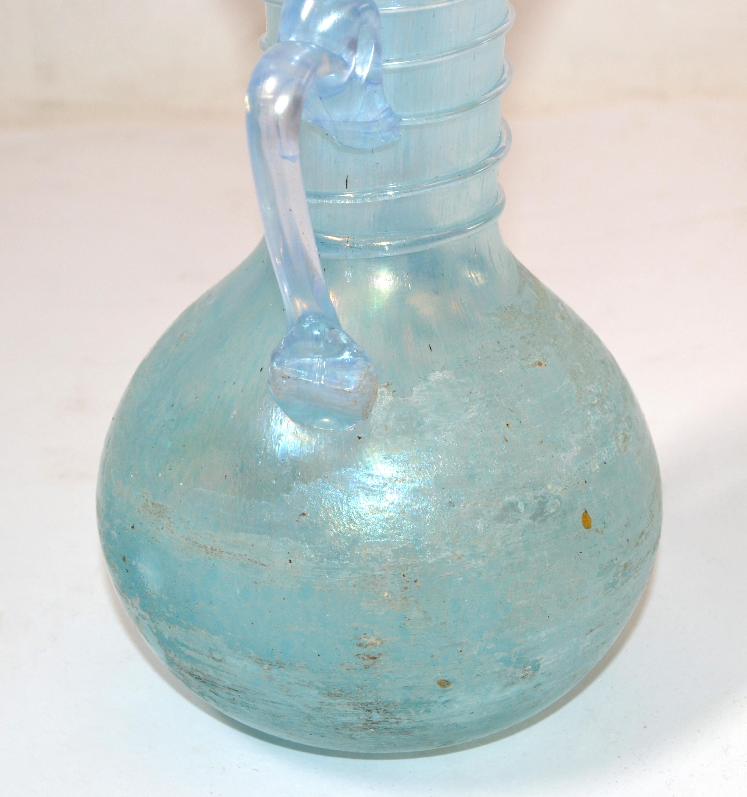 Murano Baby Blue Italian Scavo Glass Wheat Vase with Handles, Vessel, Italy 1980 For Sale 3