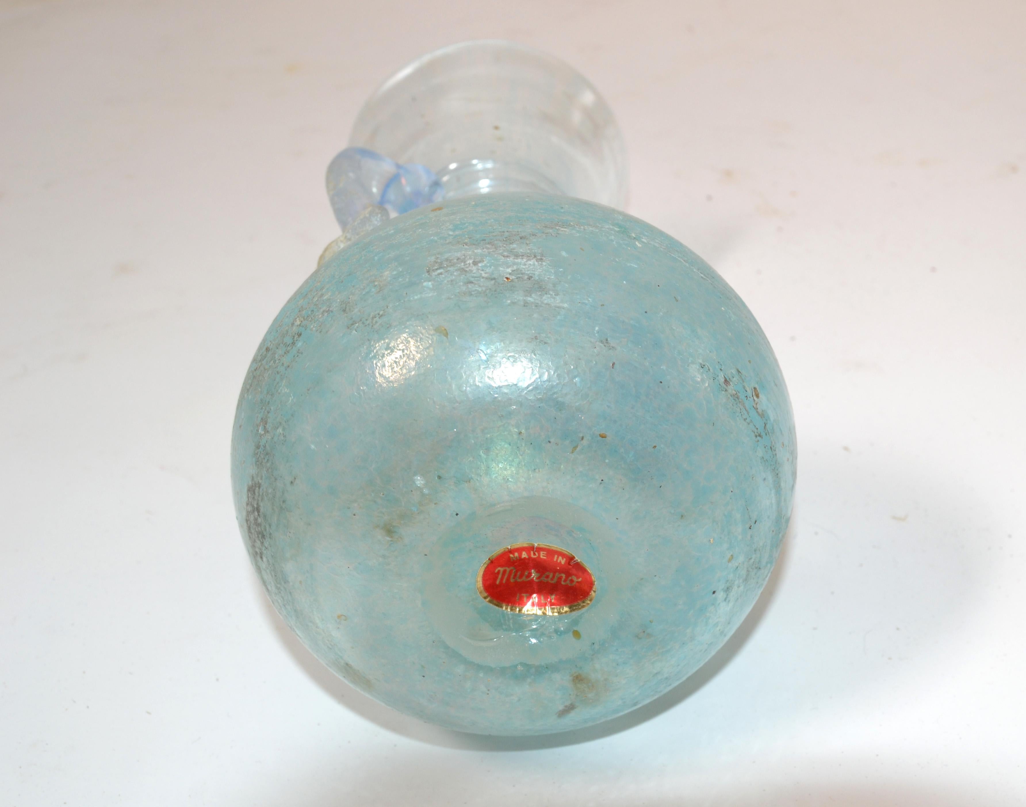 Murano Baby Blue Italian Scavo Glass Wheat Vase with Handles, Vessel, Italy 1980 For Sale 4