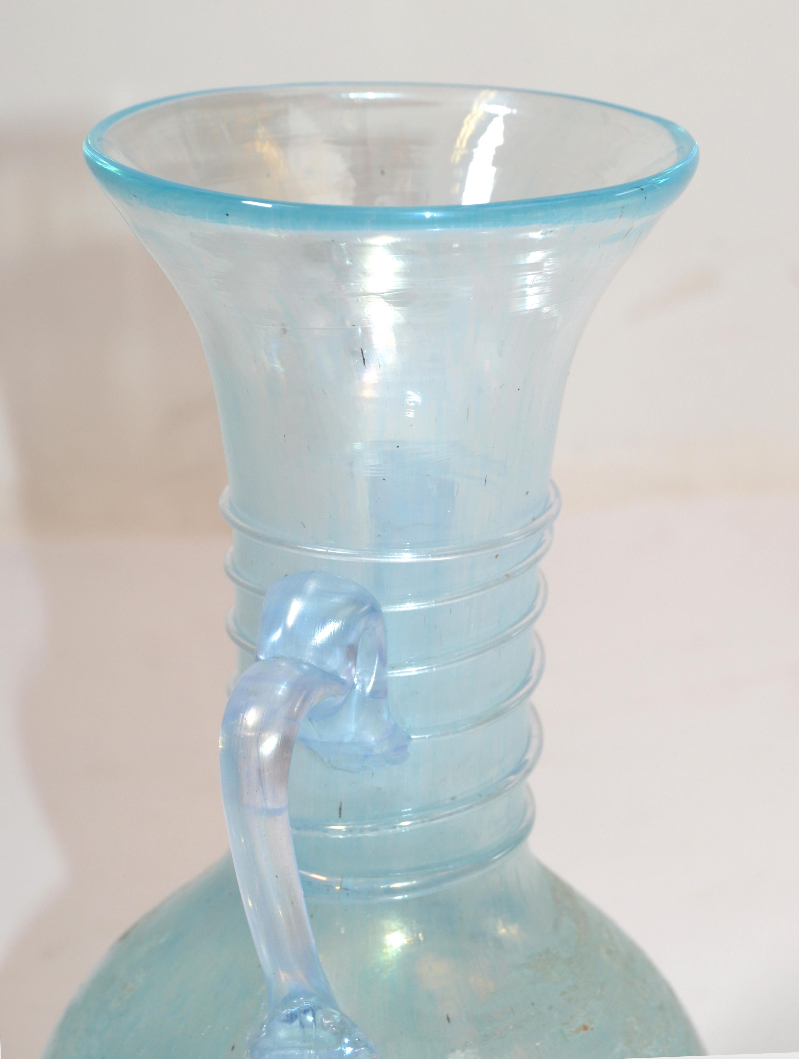 Mid-Century Modern Murano Baby Blue Italian Scavo Glass Wheat Vase with Handles, Vessel, Italy 1980 For Sale