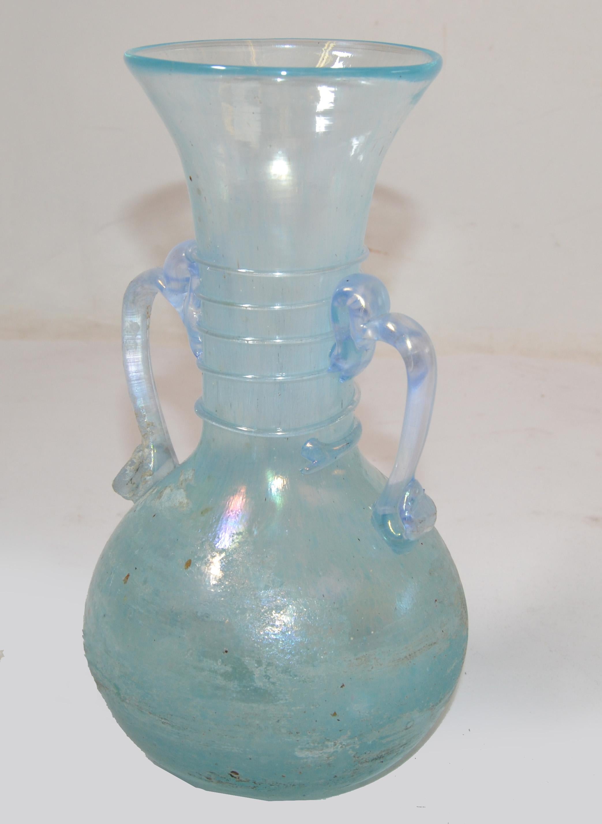 Hand-Crafted Murano Baby Blue Italian Scavo Glass Wheat Vase with Handles, Vessel, Italy 1980 For Sale