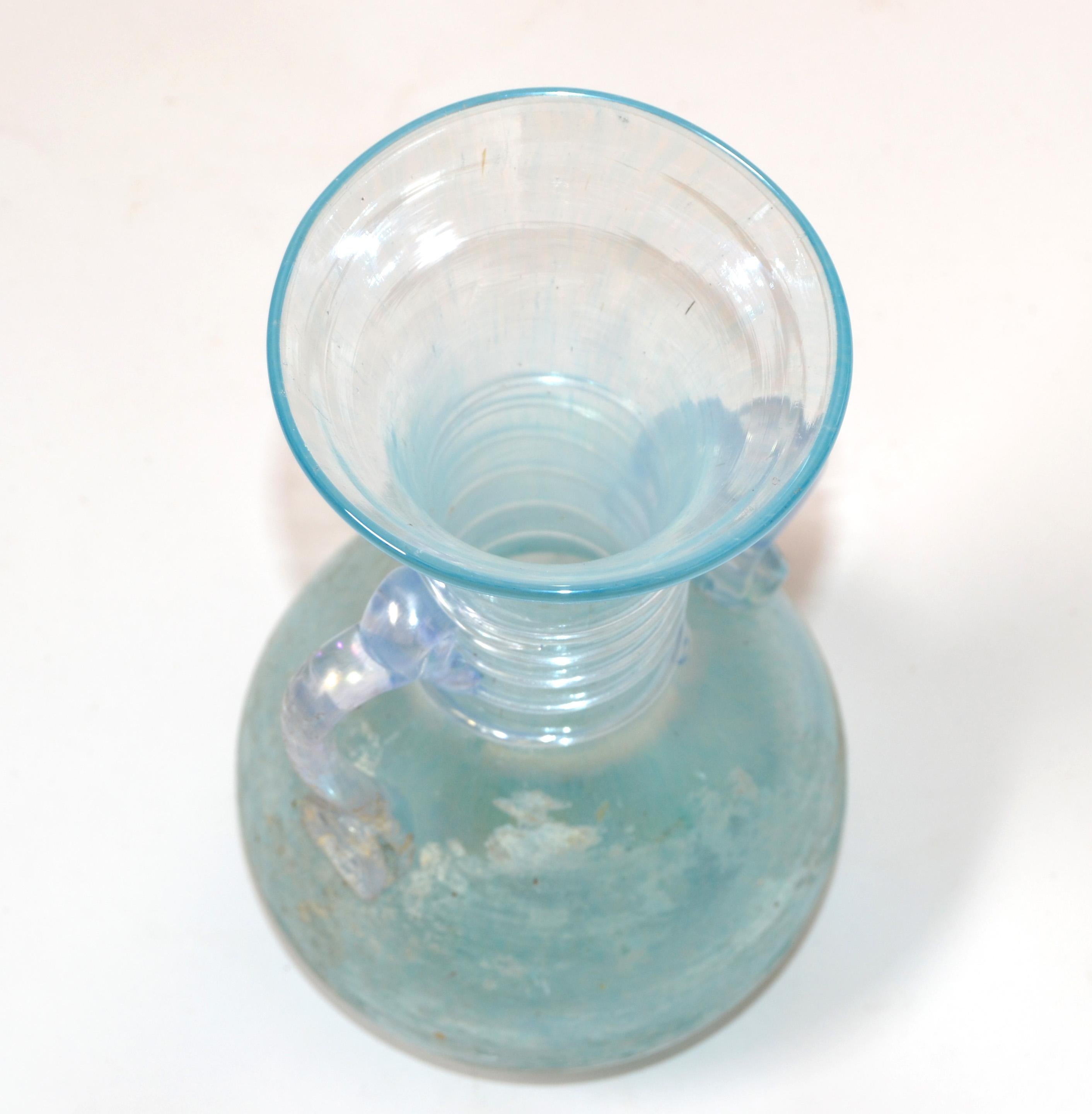 Late 20th Century Murano Baby Blue Italian Scavo Glass Wheat Vase with Handles, Vessel, Italy 1980 For Sale