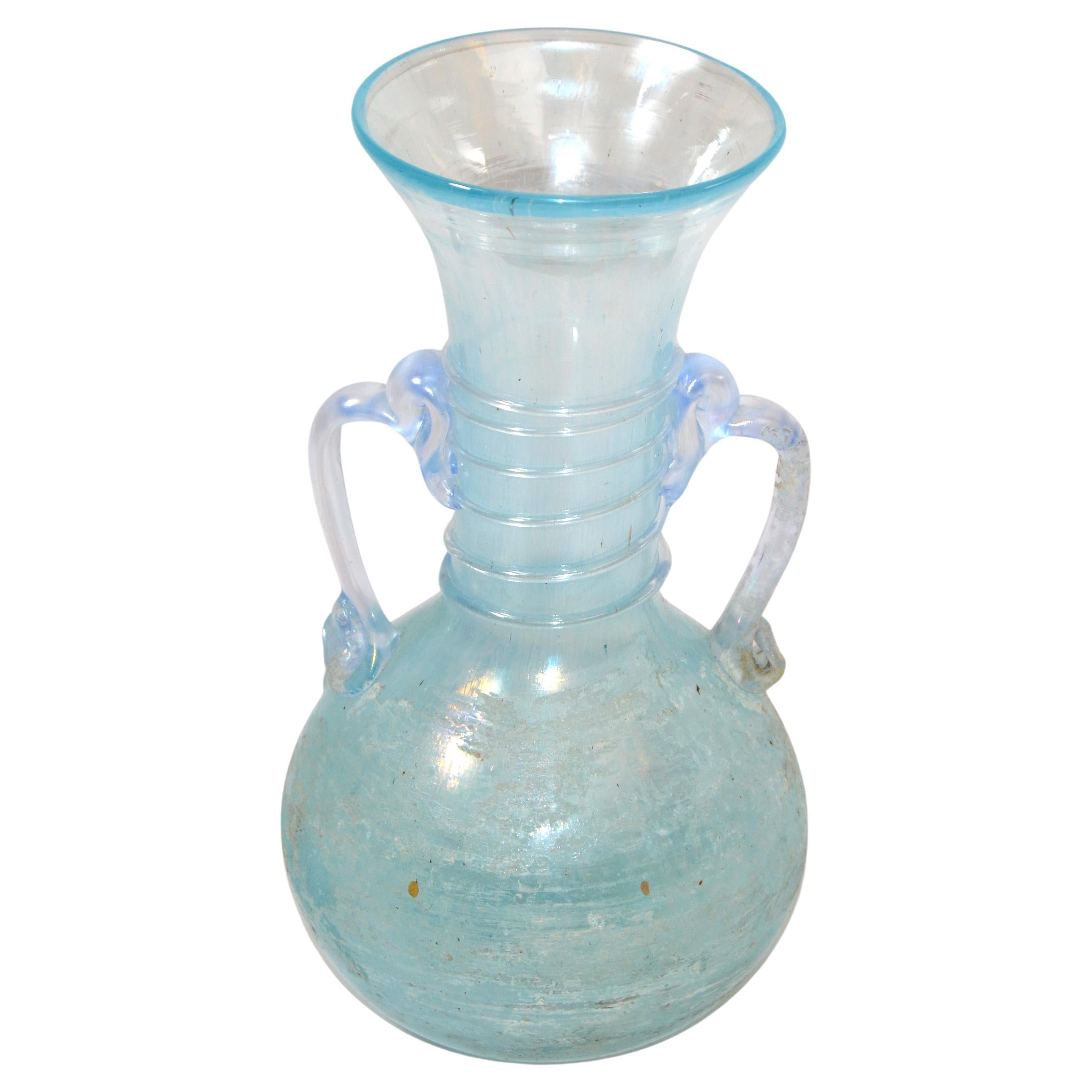 Murano Baby Blue Italian Scavo Glass Wheat Vase with Handles, Vessel, Italy 1980 For Sale