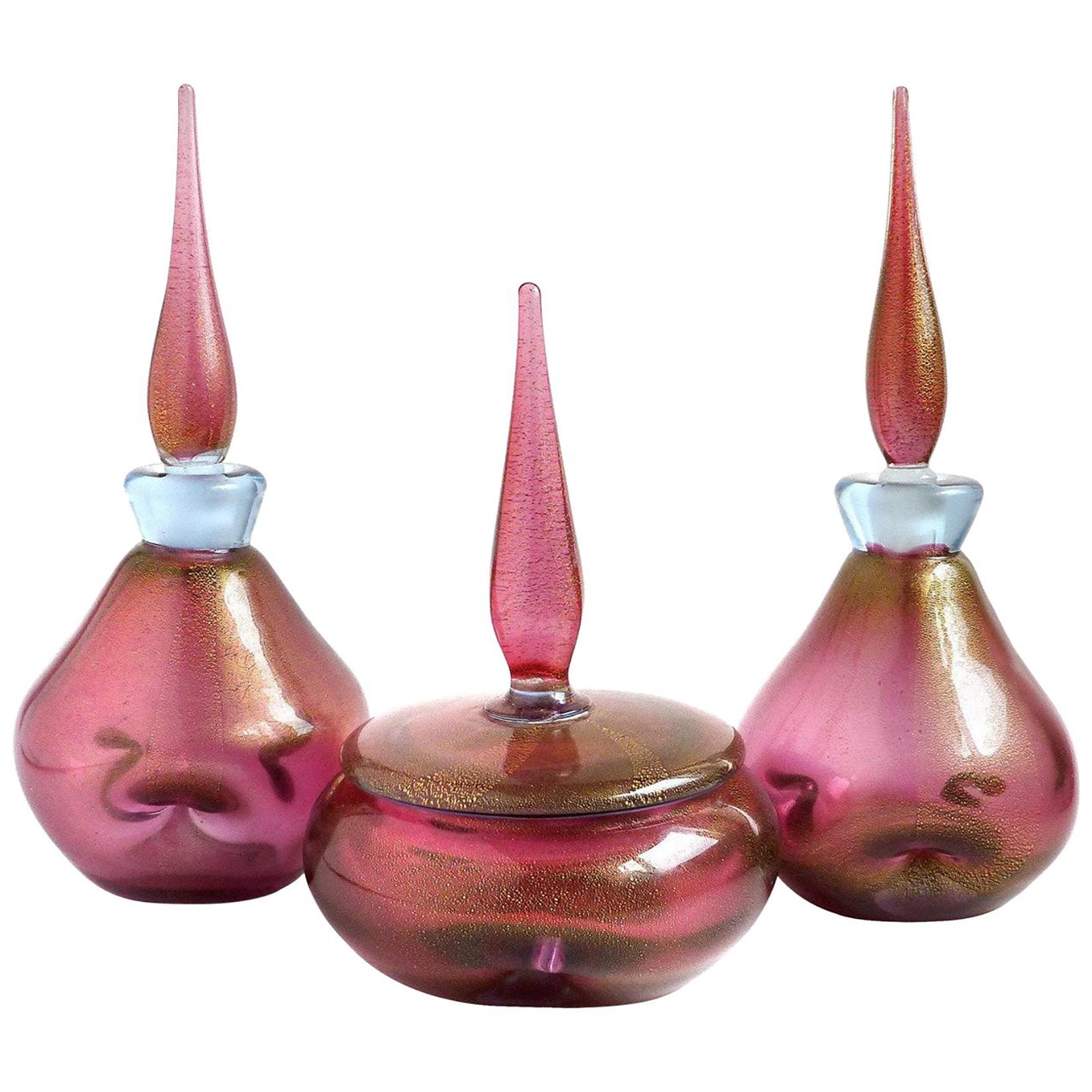 20th Century Murano Barbini Amethyst Gold Italian Art Glass Vanity Perfume Powder Box Set For Sale