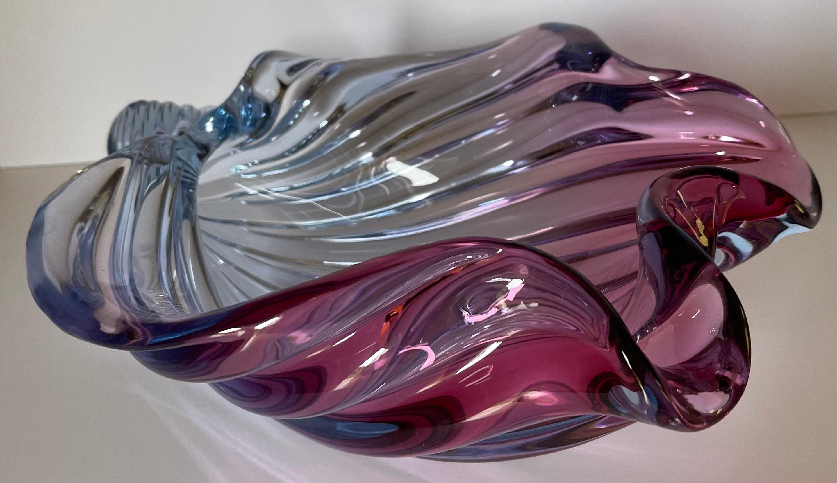 Modern Murano Barbini Blown Glass Pink & Purple Large Shell Bowl  For Sale
