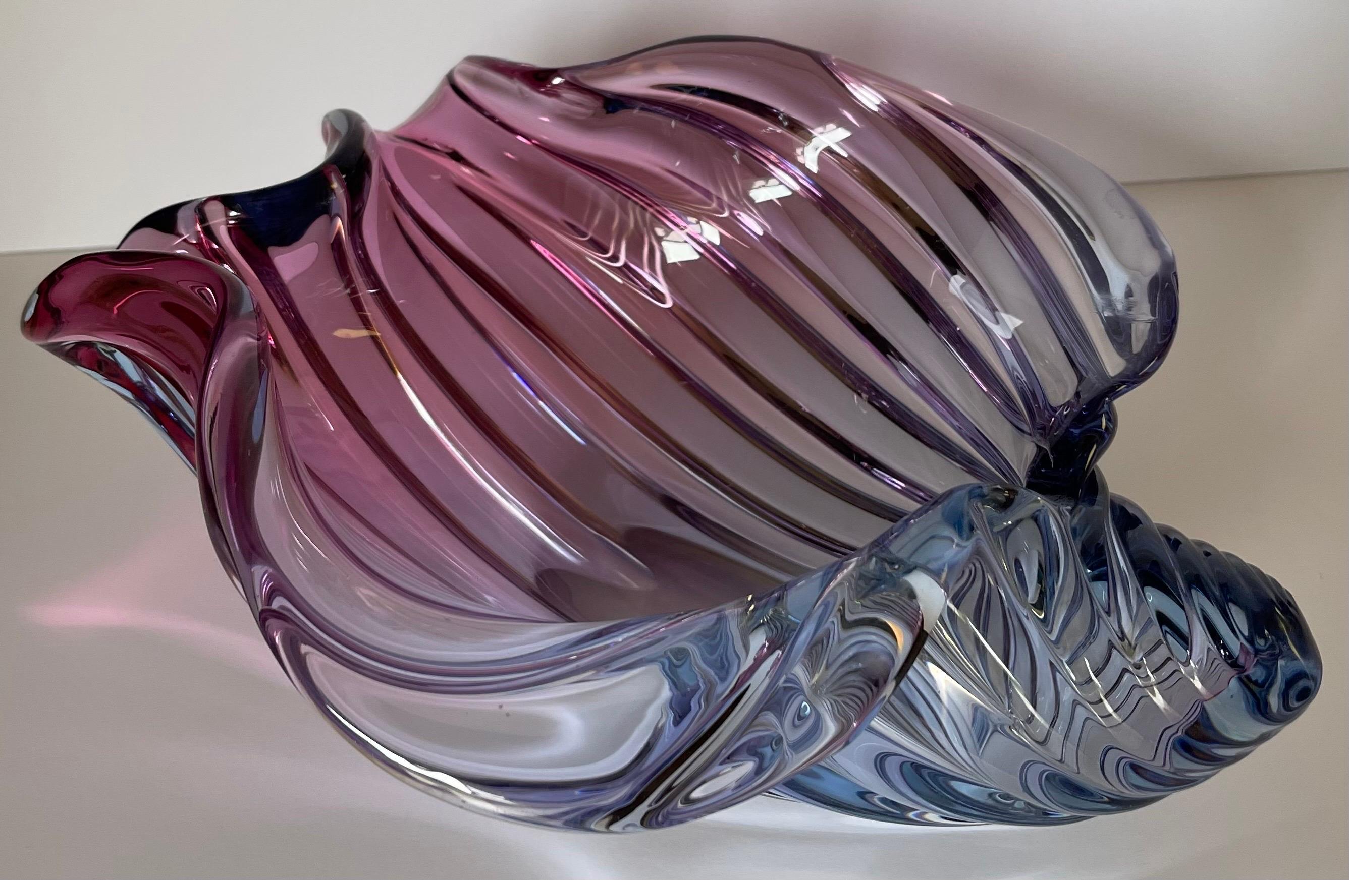 Italian Murano Barbini Blown Glass Pink & Purple Large Shell Bowl  For Sale