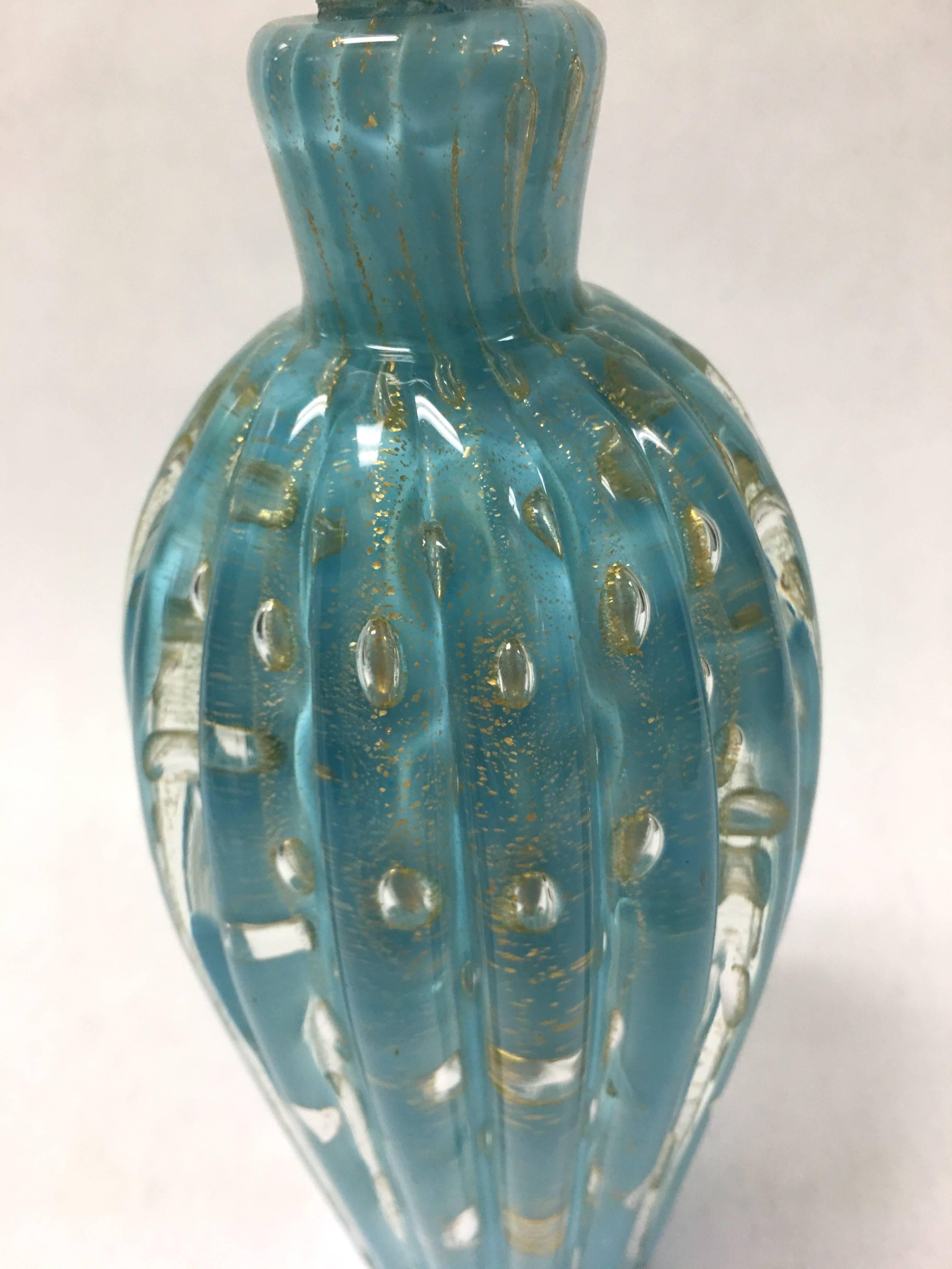 Hollywood Regency Murano Barbini Blue Glass Decanter or Perfume Bottle