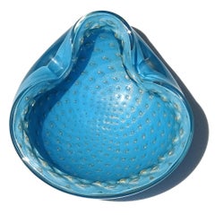 Murano Barbini – Blau mit Goldflecken, kontrollierte Blasen – Italienische Kunstglasschale, Aschenbecher
