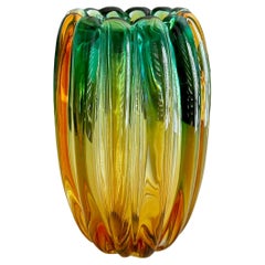 Murano Barbini Gold Green Ribbed Glass Murano Vase