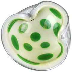 Murano Barbini Green Spots White Gold Flecks Vintage Italian Art Glass Bowl Dish
