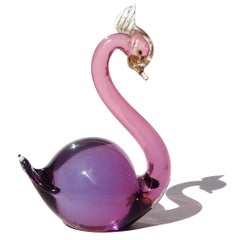 Murano Barbini Label Amethyst Purple Gold Flecks Italian Art Glass Swan Figurine