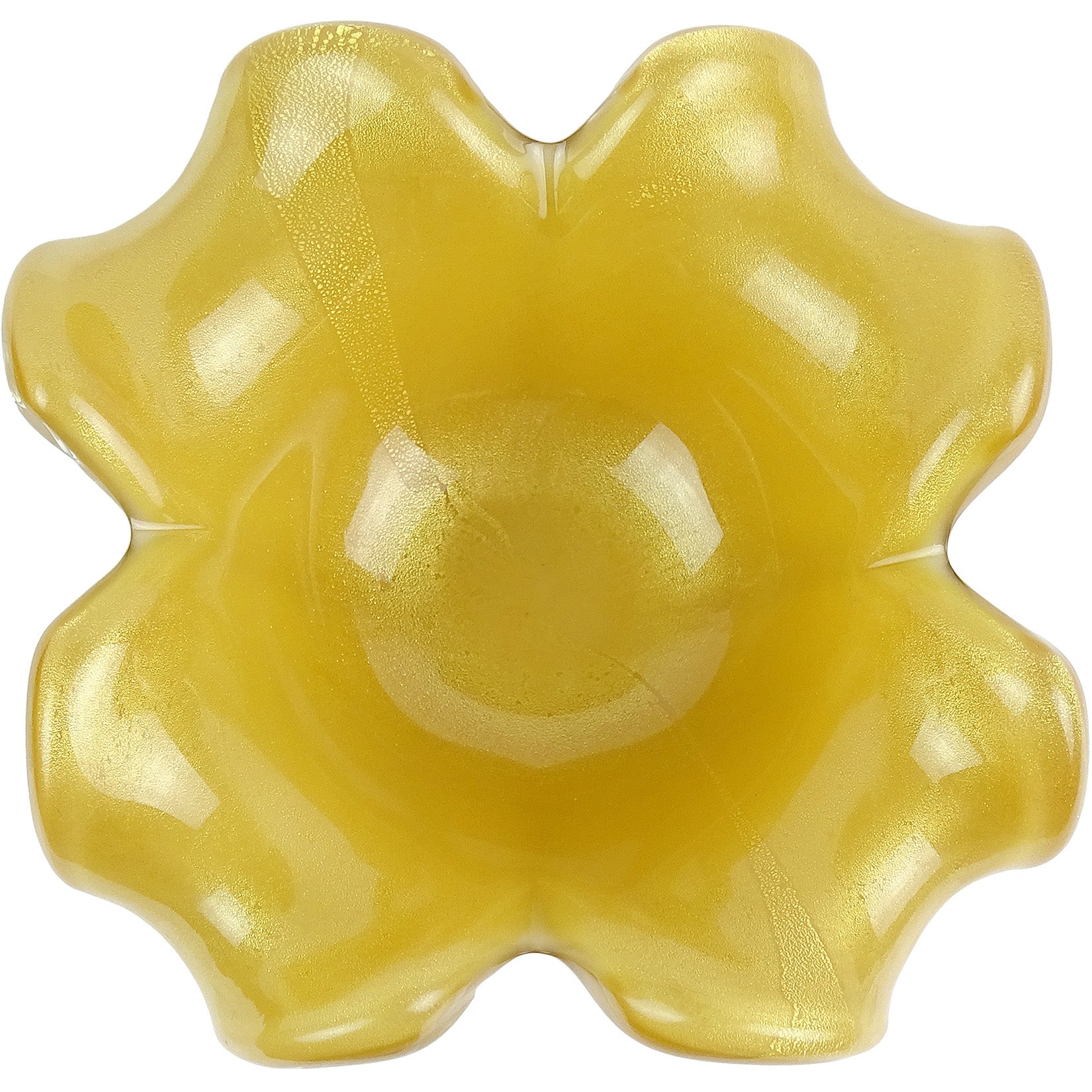 Murano Barbini Opalescent Honey Yellow Gold Flecks Italian Art Glass Flower Bowl im Angebot