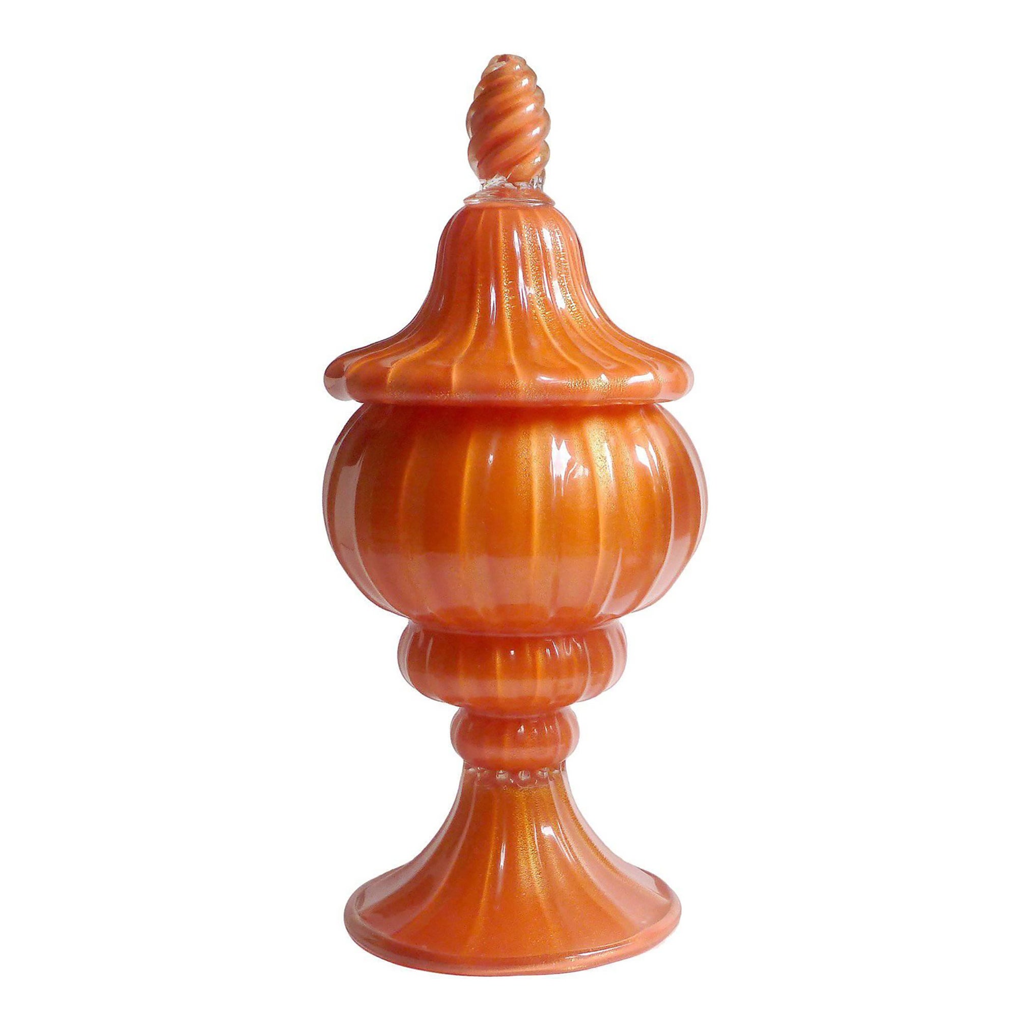 Murano Barbini Orange Gold Flecks Italian Art Glass Vintage Ribbed Cookie Jar