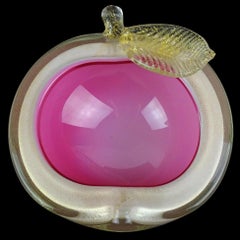 Murano Barbini Pink White Gold Flecks Italian Art Glass Apple Decorative Bowl
