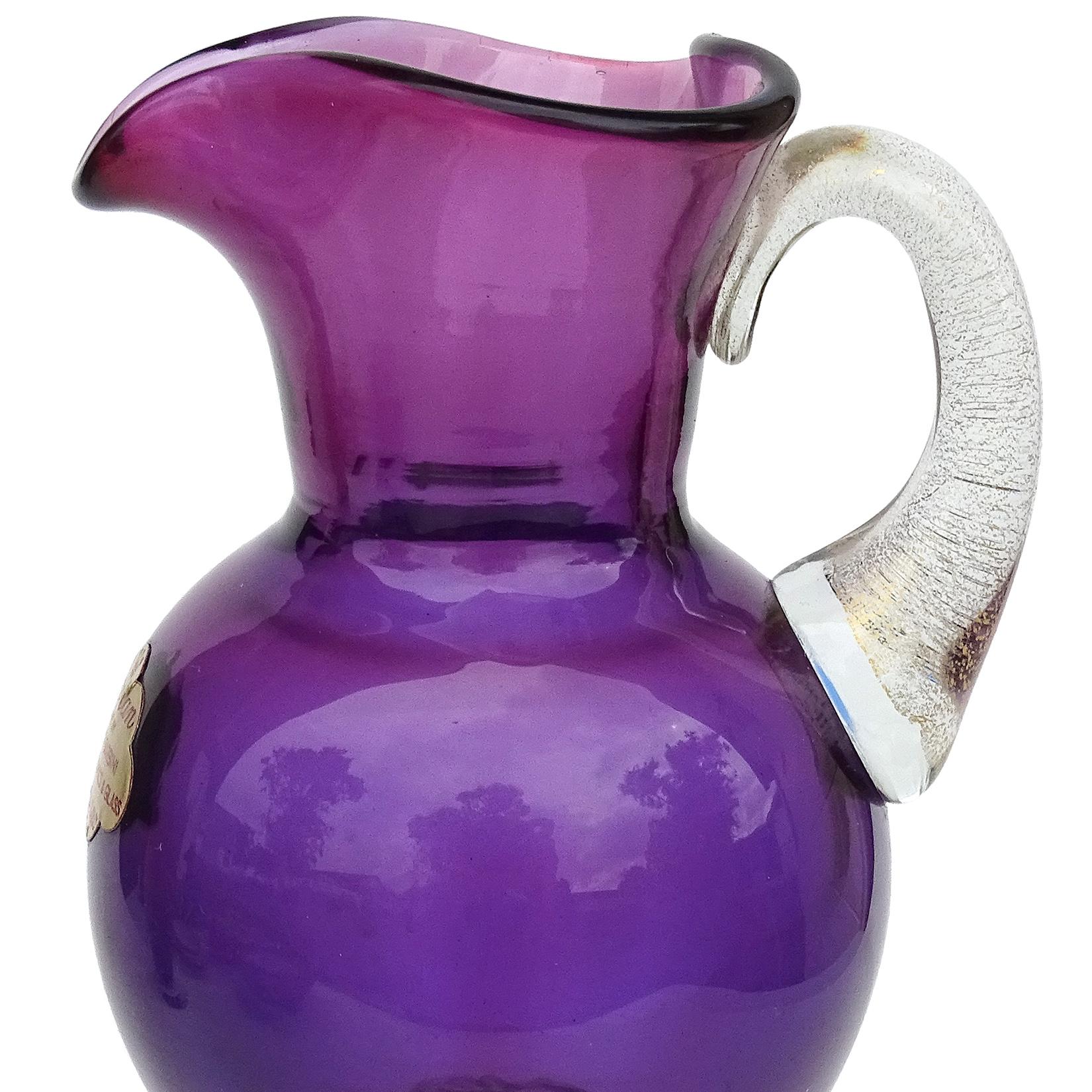 Hand-Crafted Murano Barbini Purple Amethyst Gold Flecks Handle Italian Art Glass Pitcher Vase For Sale