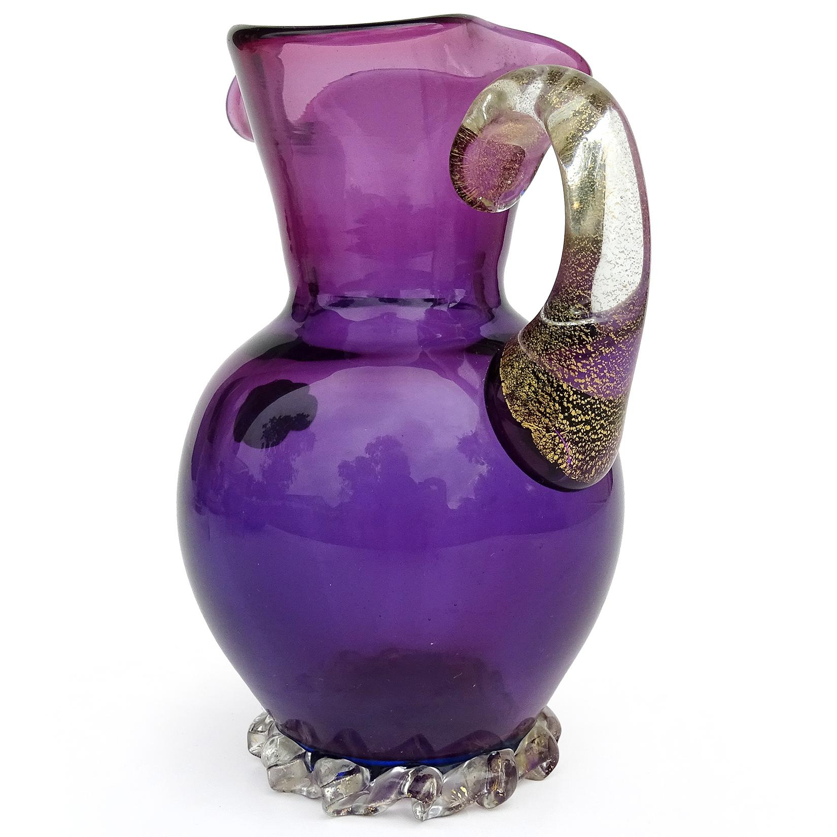 Murano Barbini Purple Amethyst Gold Flecks Handle Italian Art Glass Pitcher Vase In Good Condition For Sale In Kissimmee, FL
