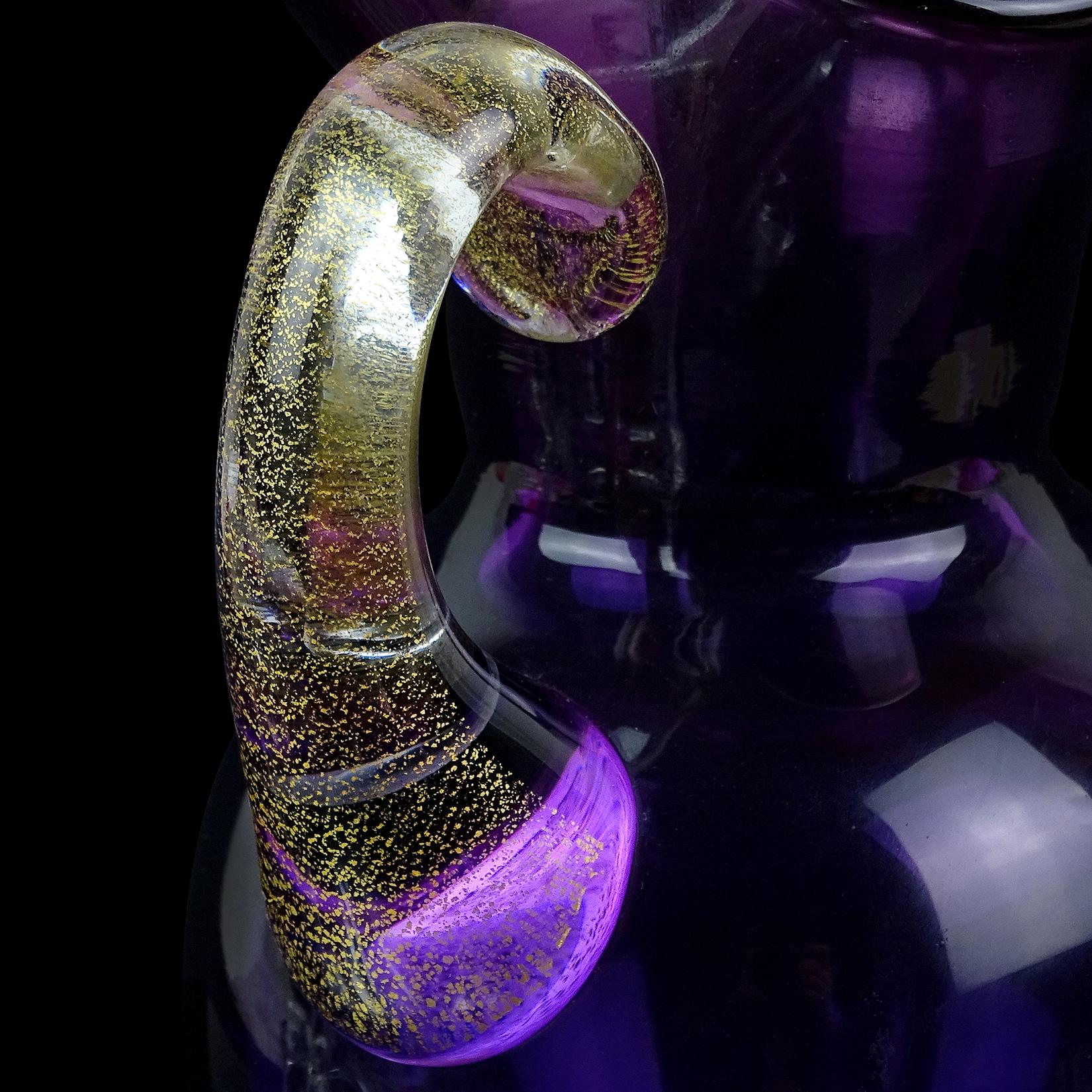 20th Century Murano Barbini Purple Amethyst Gold Flecks Handle Italian Art Glass Pitcher Vase For Sale