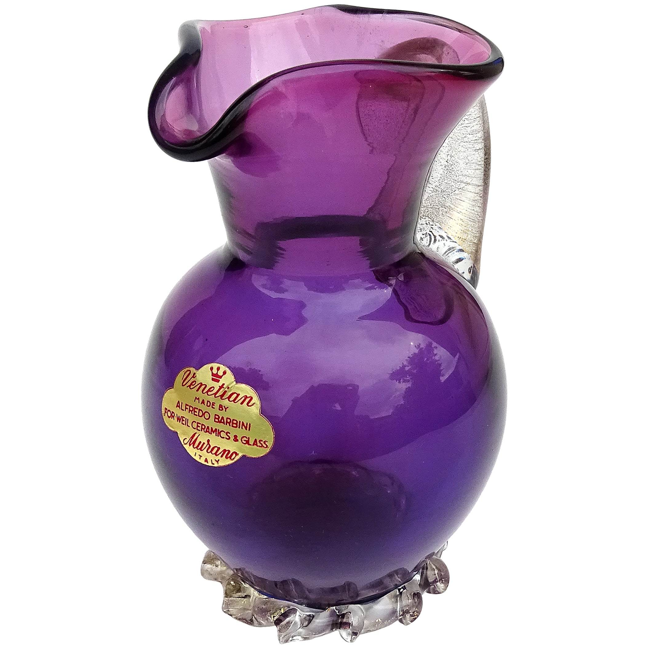 Murano Barbini Purple Amethyst Gold Flecks Handle Italian Art Glass Pitcher Vase For Sale