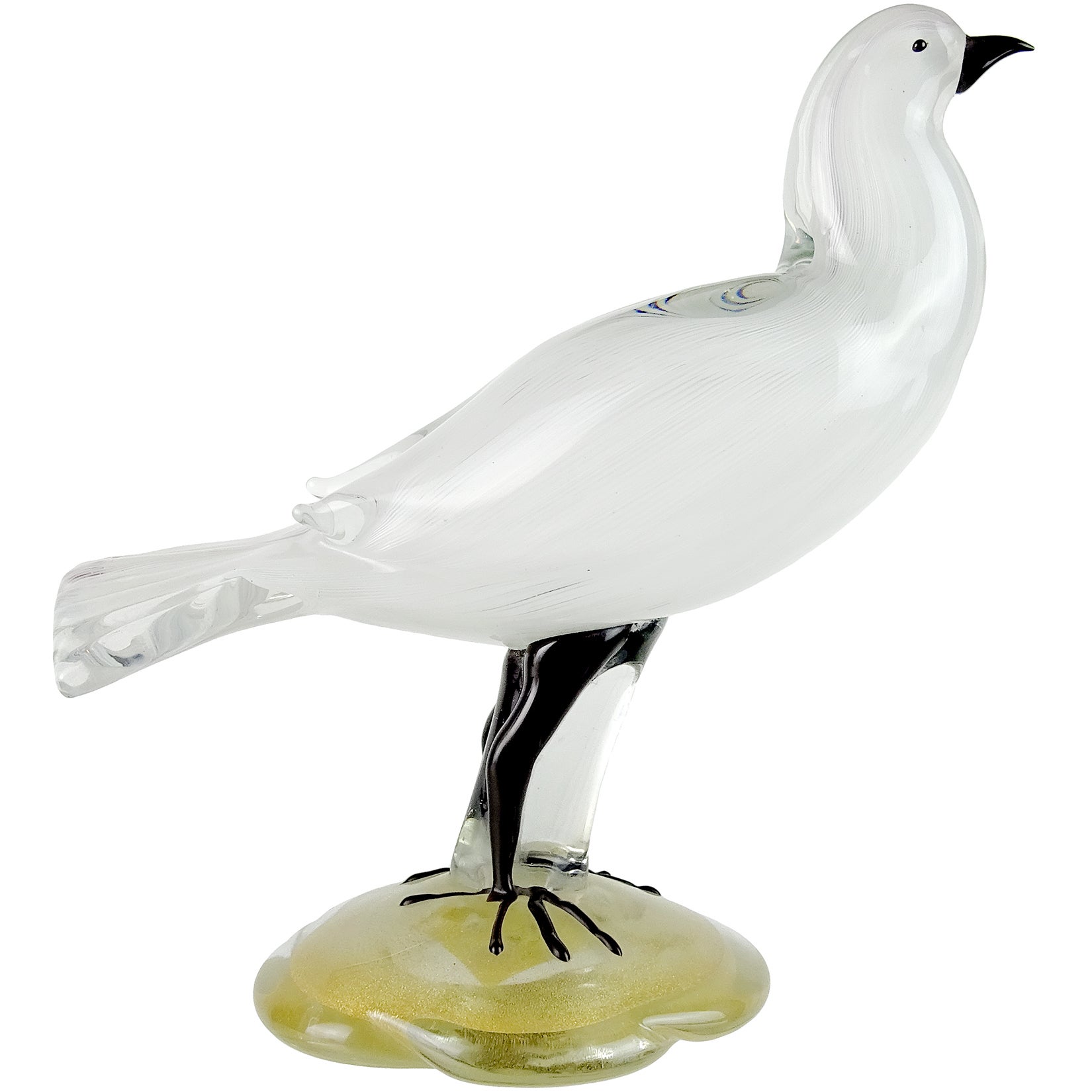Murano Barbini Salviati Cintas Blancas Base de Oro Escultura de Vidrio Artístico Italiano Pájaro en venta