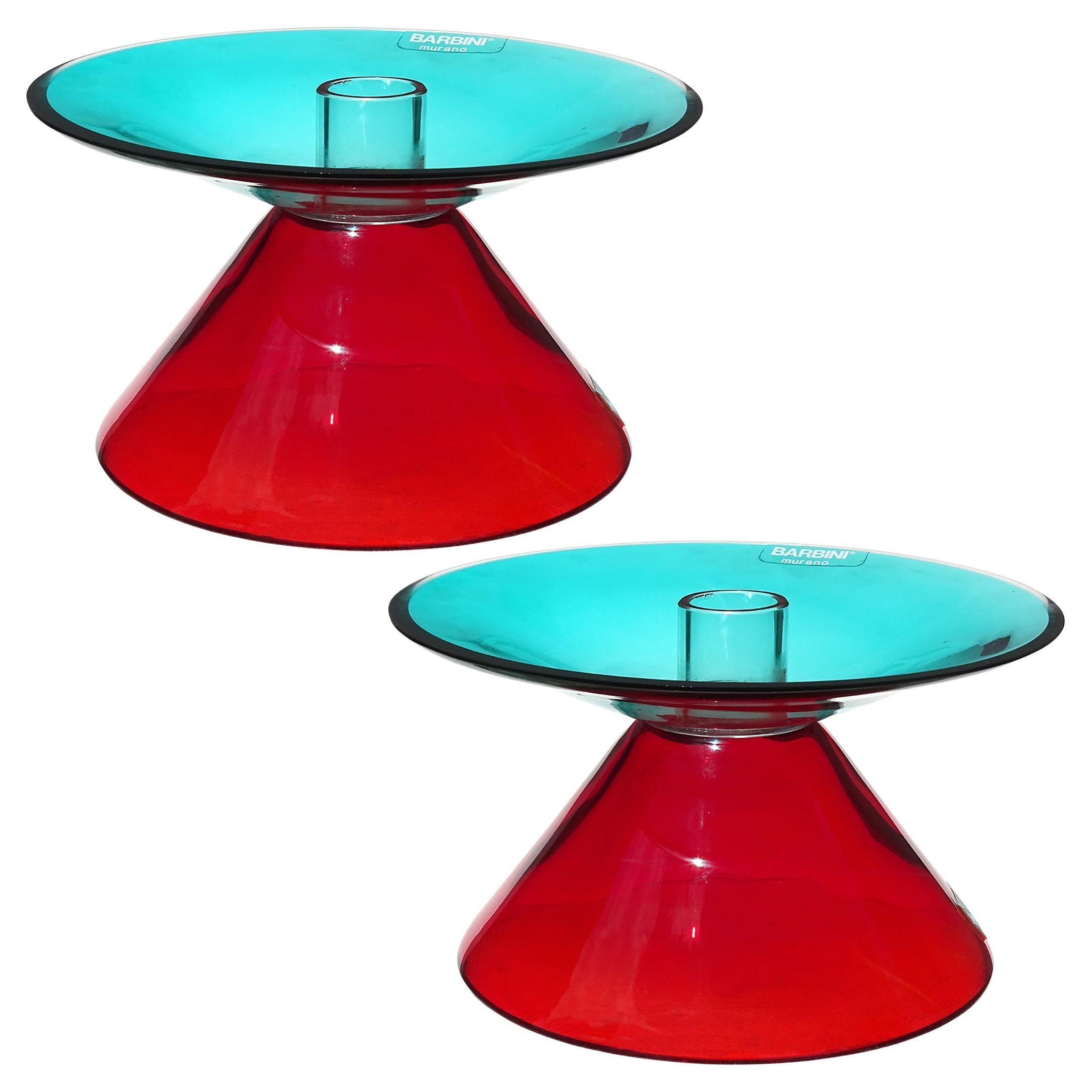 Murano Barbini Signed Italian Art Glass Red Aqua Hourglass Candle Holders Labels For Sale