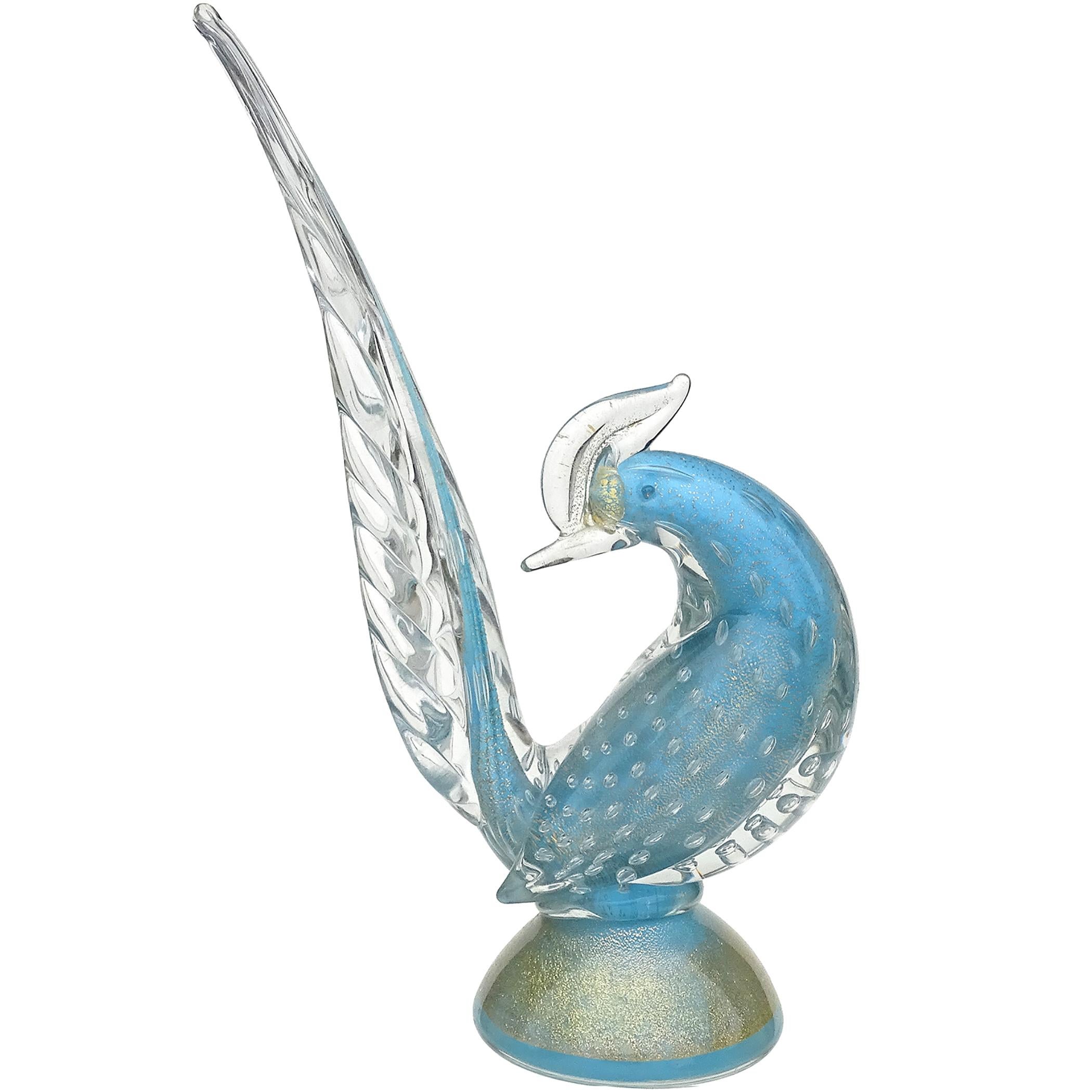 XX secolo Barbini di Murano Scultura di uccello fagiano in vetro d'arte blu cielo a macchie d'oro in vendita