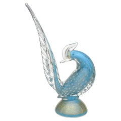Barbini di Murano Scultura di uccello fagiano in vetro d'arte blu cielo a macchie d'oro