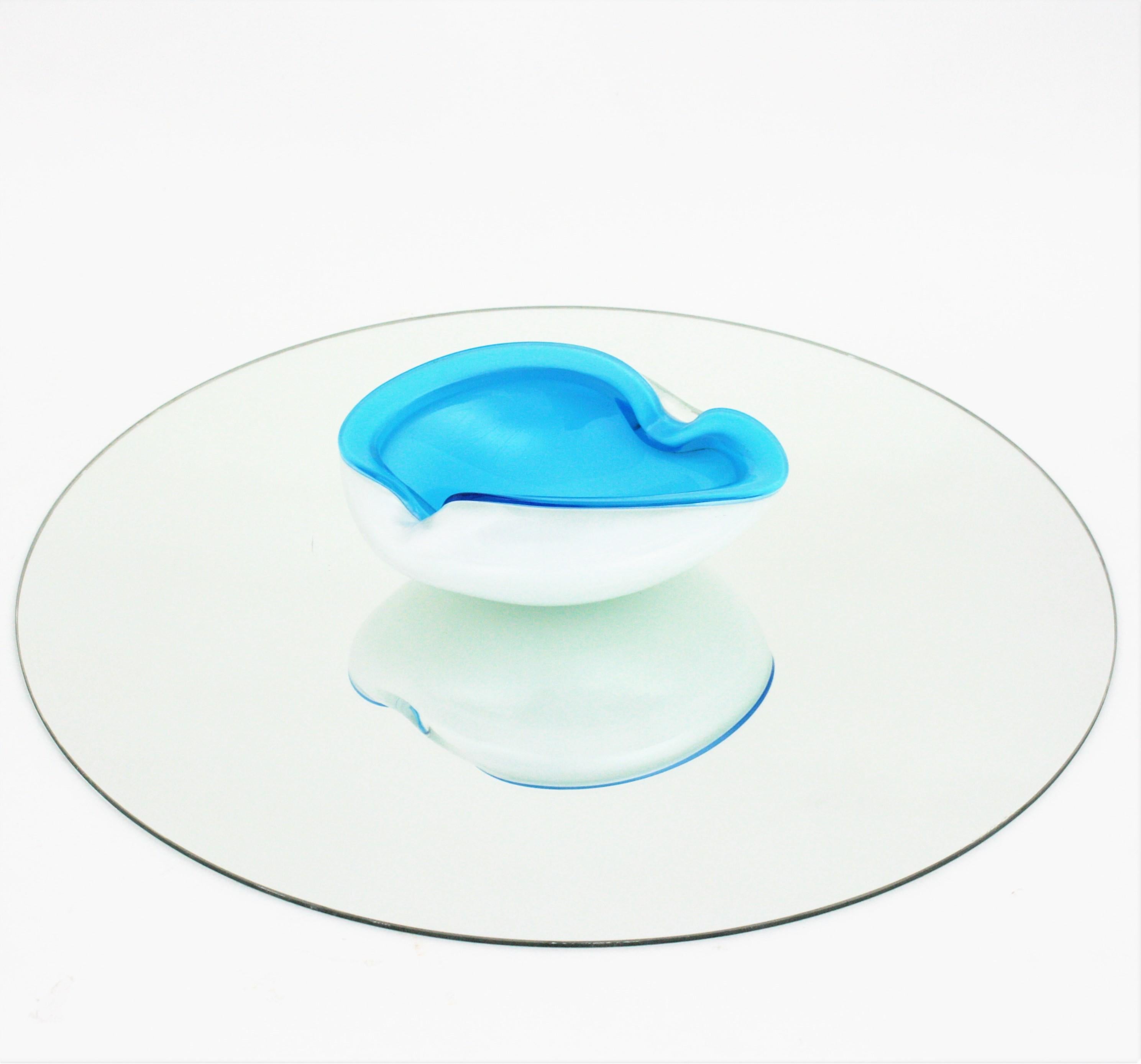 Italian Murano Barbini Sommerso Baby Blue White Art Glass Bowl For Sale