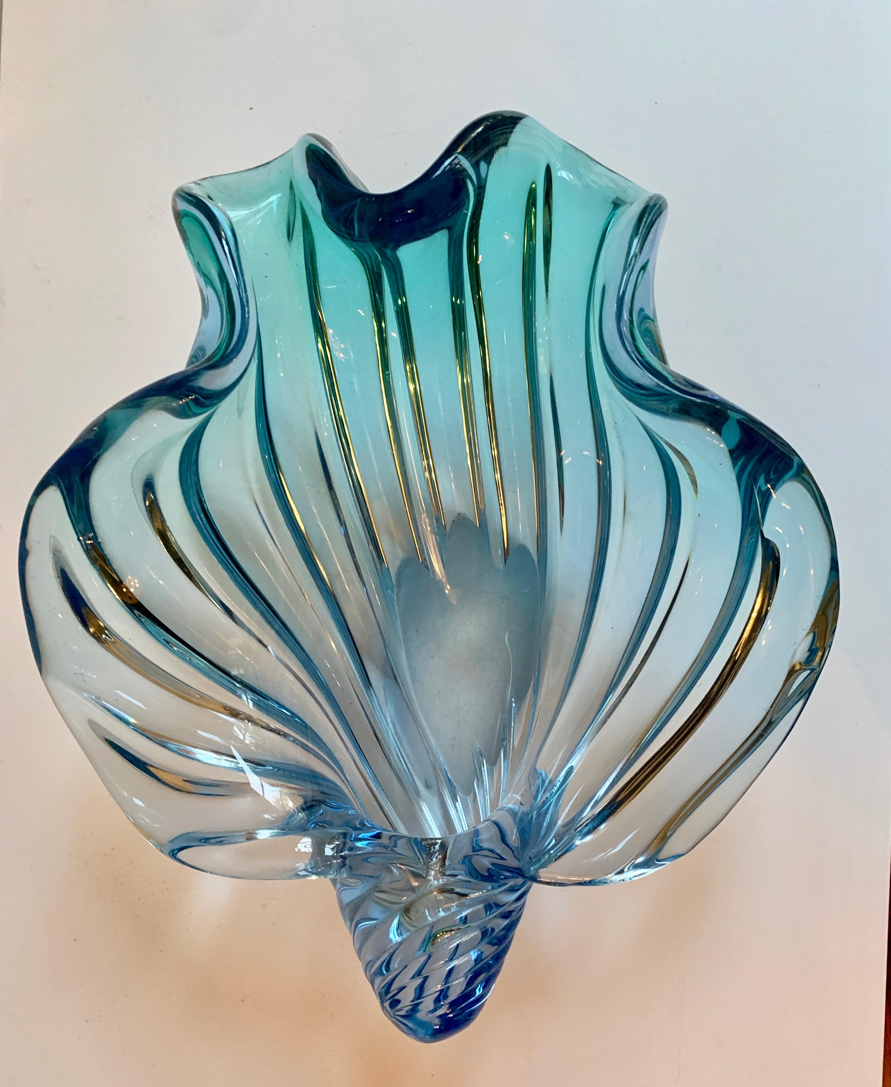 Murano Barbini Sommerso blue Italian art glass seashell bowl.