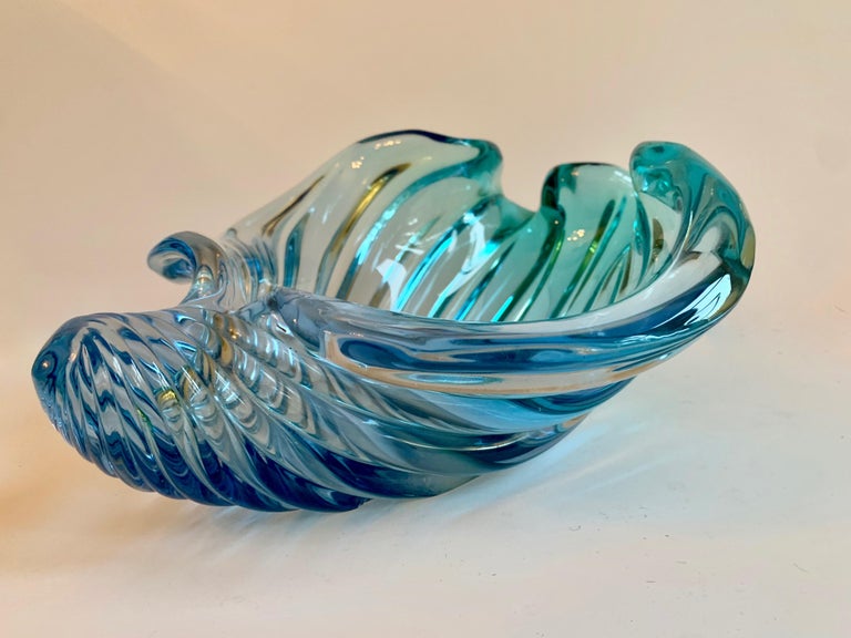 20th Century Murano Barbini Sommerso Blue Italian Art Glass Seashell Bowl