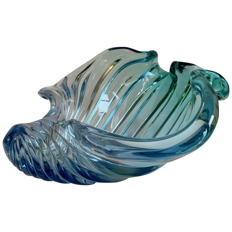 Murano Barbini Sommerso Blue Italian Art Glass Seashell Bowl