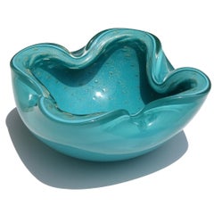 Murano Barbini Teal Blue Green Gold Fleck Bubbles Italian Art Glass Bowl Ashtray