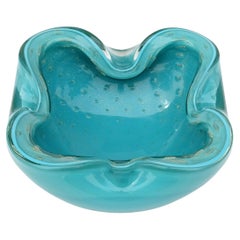 Murano Barbini Teal Blue Green Gold Fleck Bubbles Italian Art Glass Bowl Ashtray