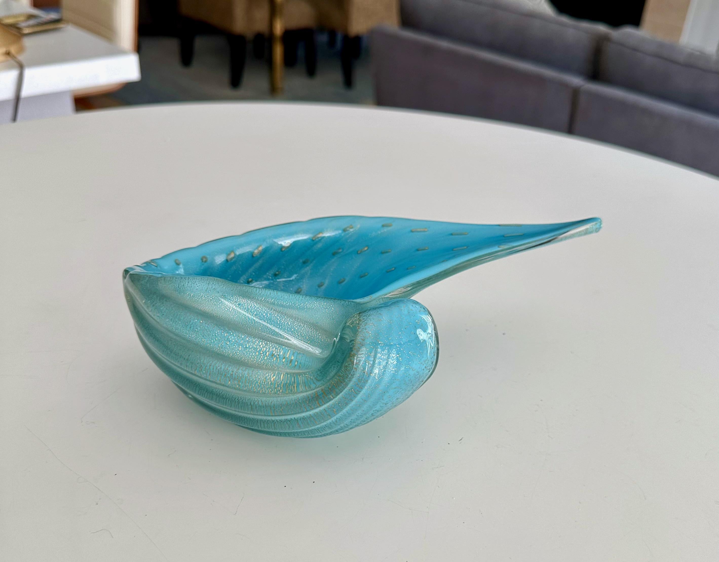 Seashell shaped Murano Italian handblown baby blue ribbed glass bowl by Alfredo Barbini.
