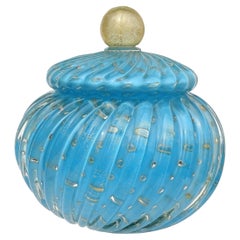 Murano Barbini Vintage 50s Blue Gold Flecks Bubbles Italian Art Glass Cookie Jar