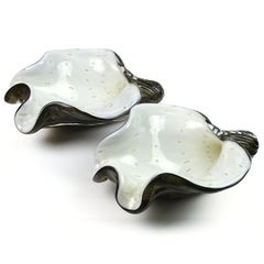 Murano Barbini White Black Gold Fleck Italian Art Glass Seashell Sculptural Bowl