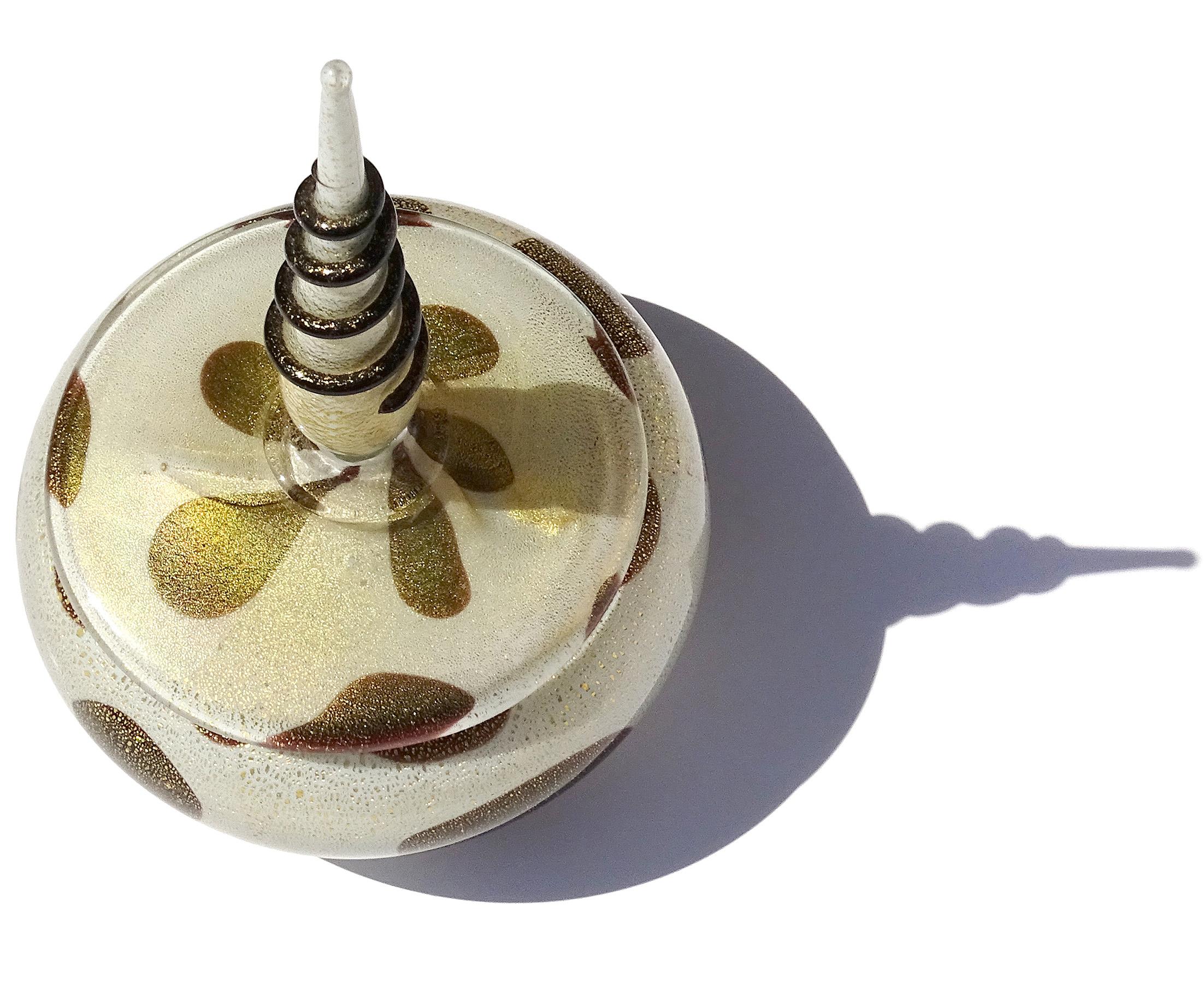 Hand-Crafted Murano Barbini White Black Gold Flecks Spike Italian Art Glass Vanity Powder Box For Sale