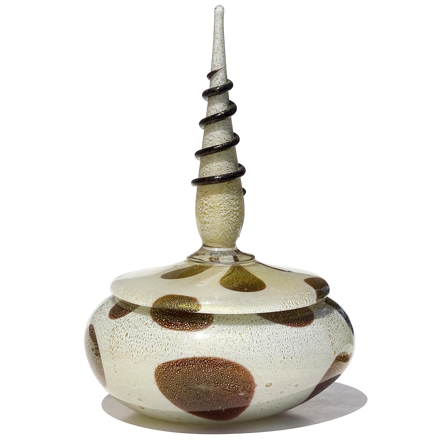 Murano Barbini White Black Gold Flecks Spike Italian Art Glass Vanity Powder Box In Good Condition For Sale In Kissimmee, FL
