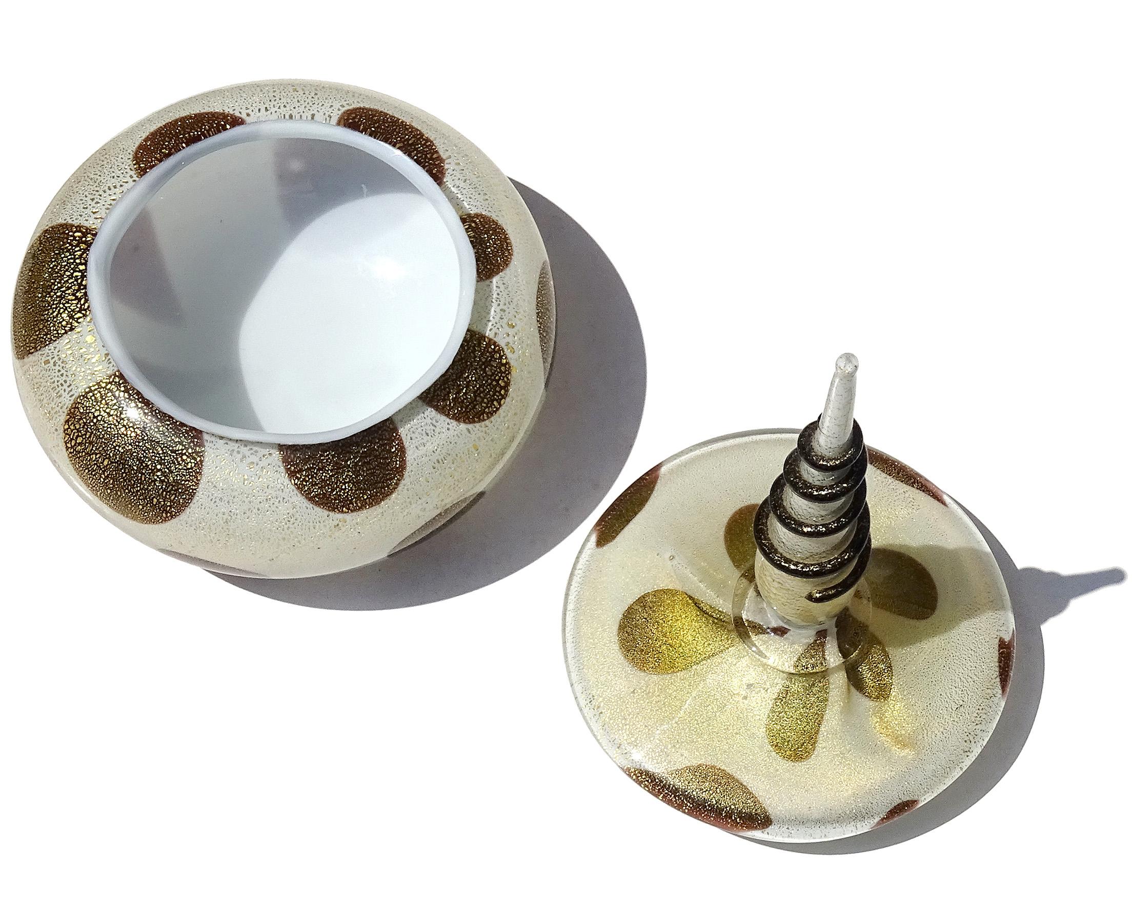 20th Century Murano Barbini White Black Gold Flecks Spike Italian Art Glass Vanity Powder Box For Sale