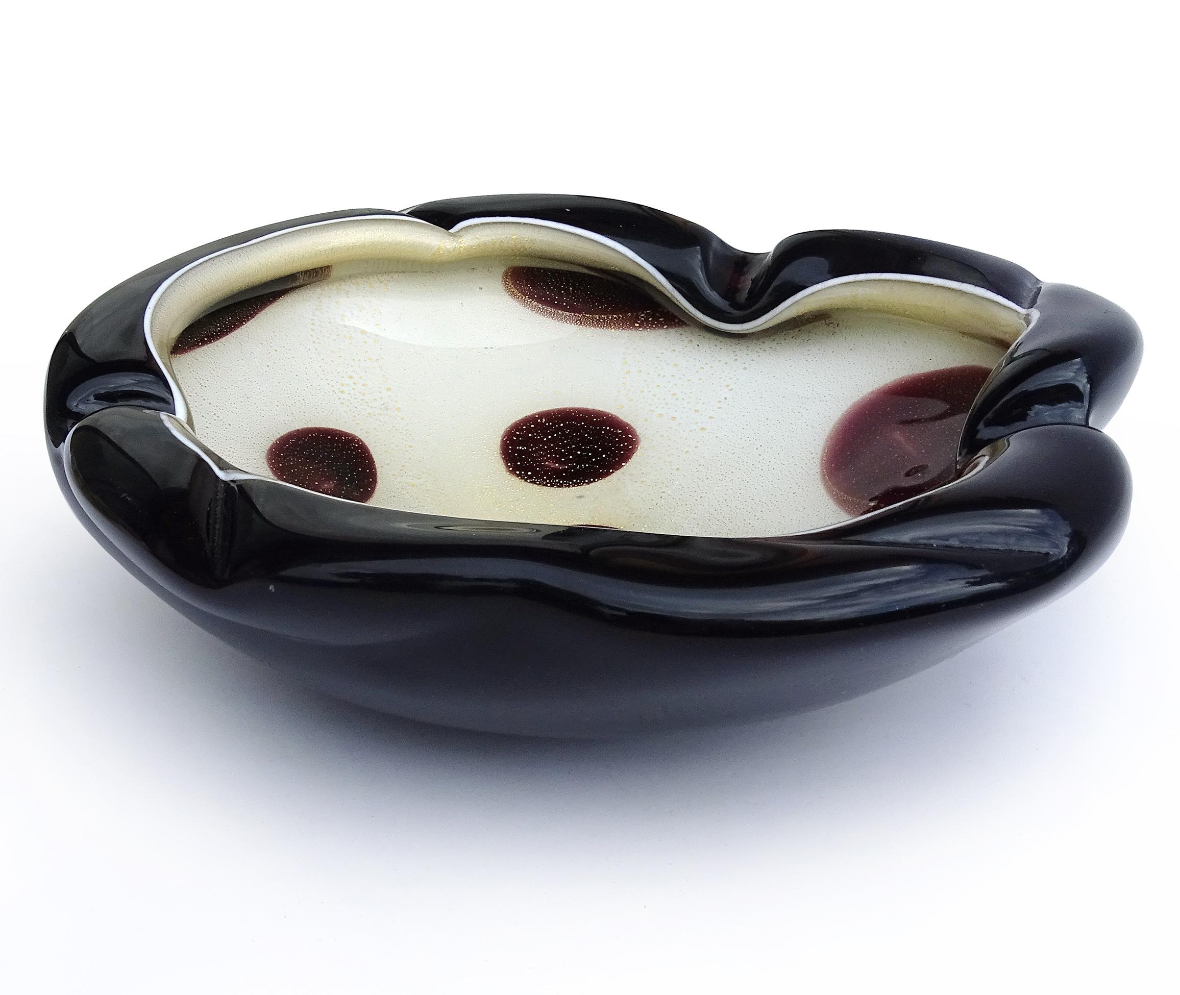 Murano Barbini Weiß Schwarz Flecken Gold Flecken Italienische Kunst Glas Tafelaufsatz Schale (Handgefertigt) im Angebot