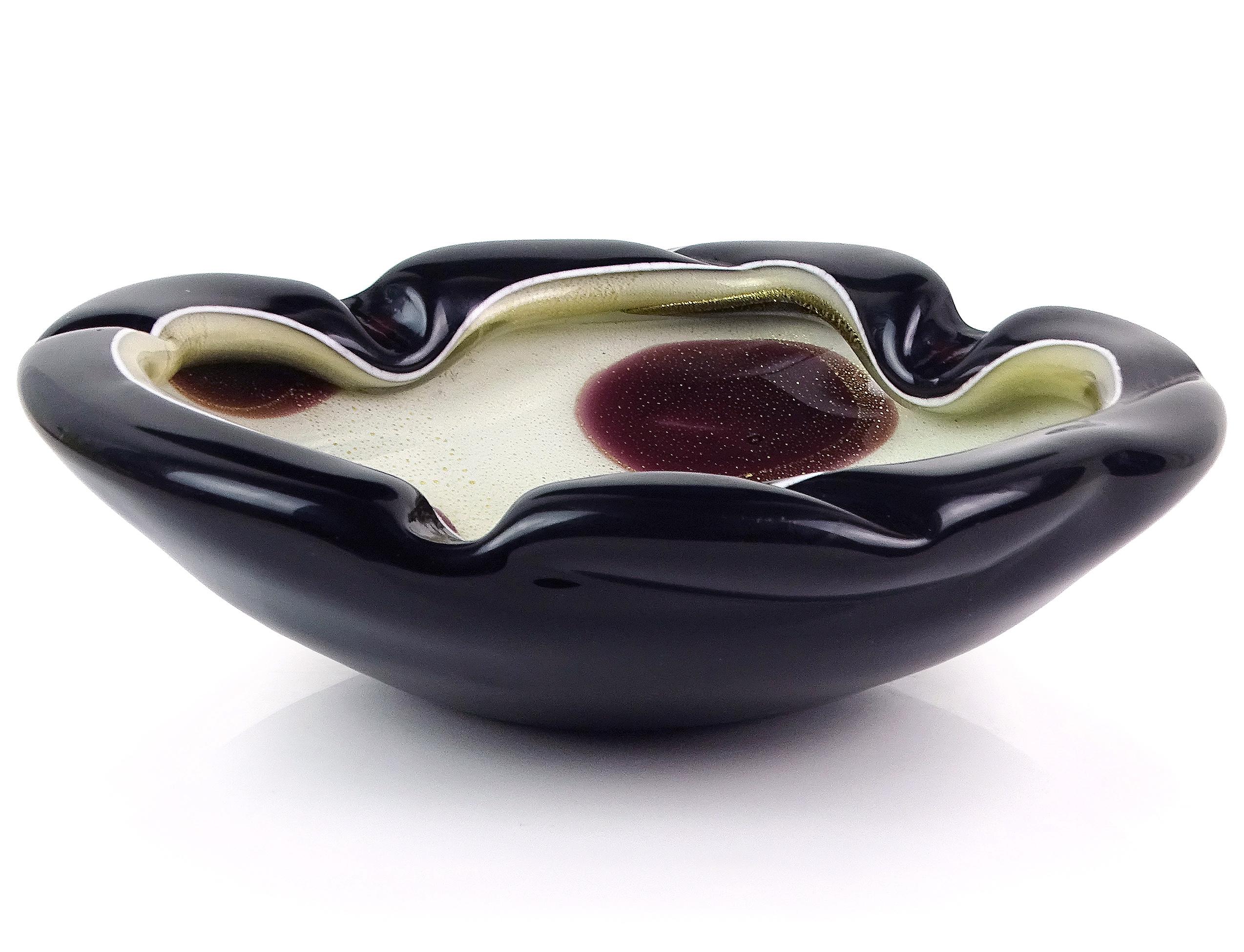 Murano Barbini Weiß Schwarz Flecken Gold Flecken Italienische Kunst Glas Tafelaufsatz Schale (20. Jahrhundert) im Angebot