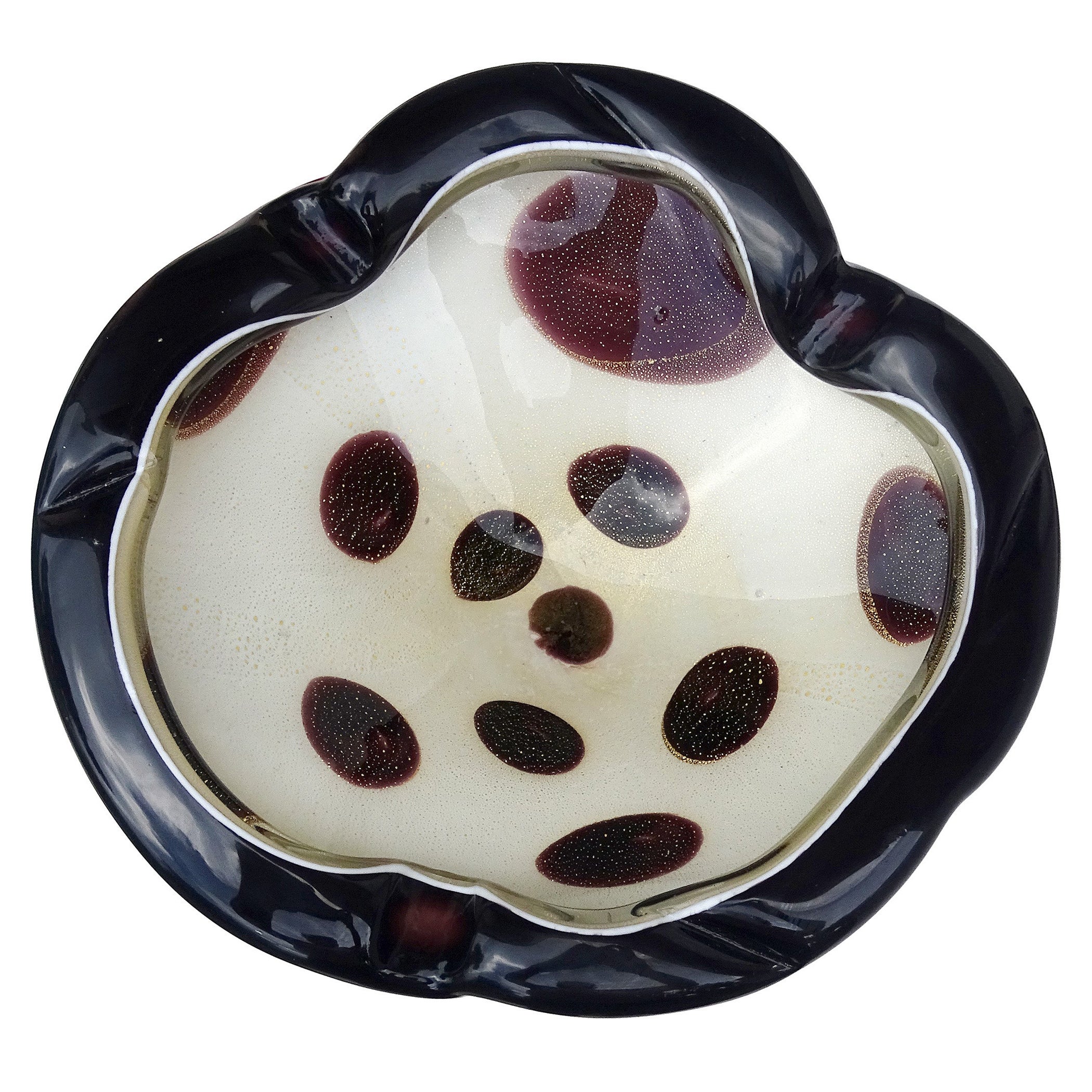 Murano Barbini Weiß Schwarz Flecken Gold Flecken Italienische Kunst Glas Tafelaufsatz Schale im Angebot