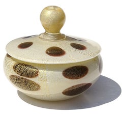 Murano Barbini White Black Spots Gold Flecks Italian Art Glass Vanity Powder Box