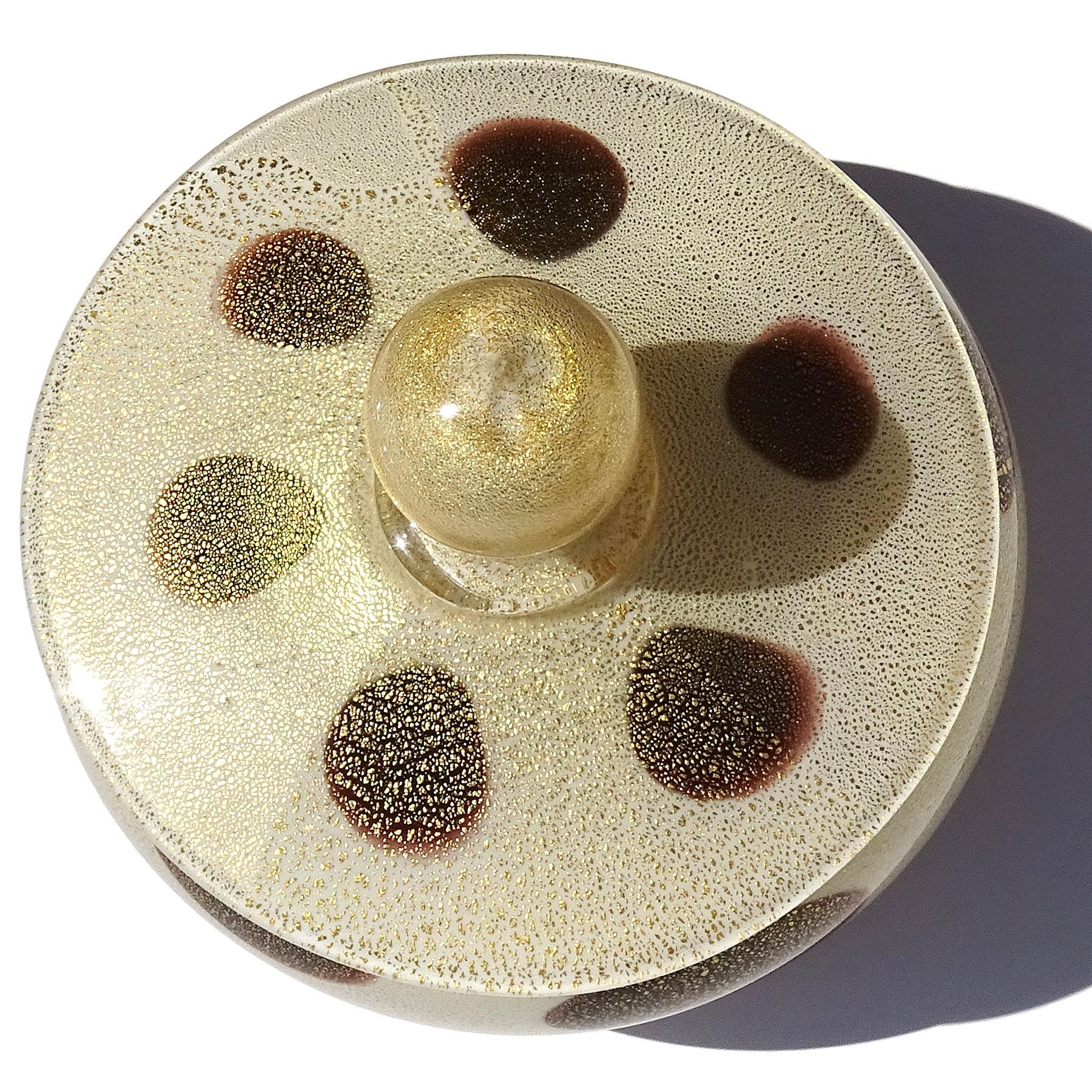 Mid-Century Modern Murano Barbini White Black Spots Gold Flecks Italian Art Glass Vanity Powder Box For Sale