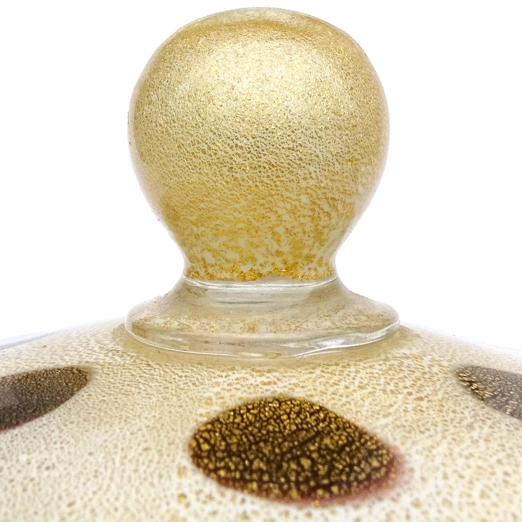 Hand-Crafted Murano Barbini White Black Spots Gold Flecks Italian Art Glass Vanity Powder Box For Sale